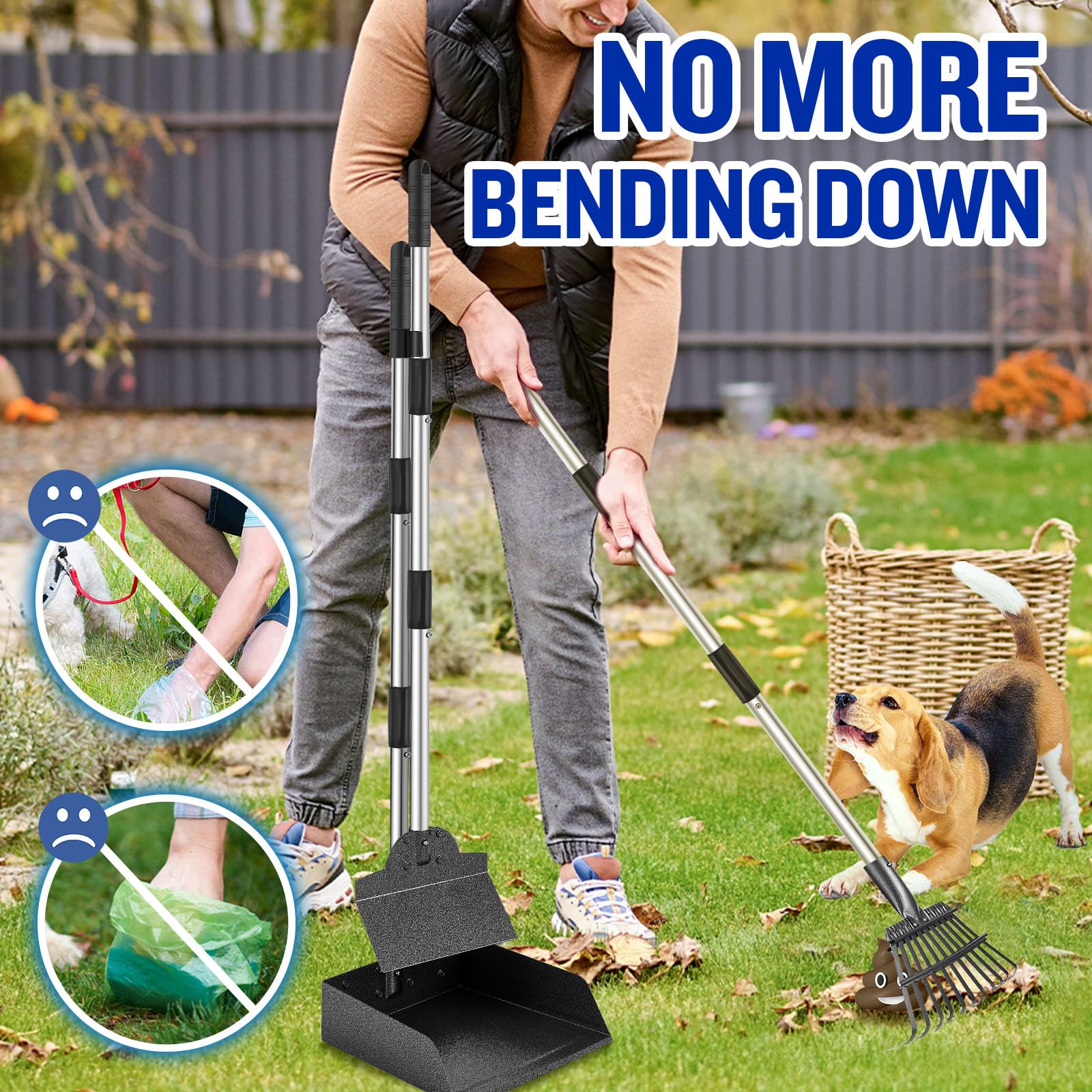 Dog Pooper Scooper For Large Dogs, 3 Pack Adjustable Long Handle Metal Tray, Rake And Spade Poop Scoop With Bin For Pet Waste Re
