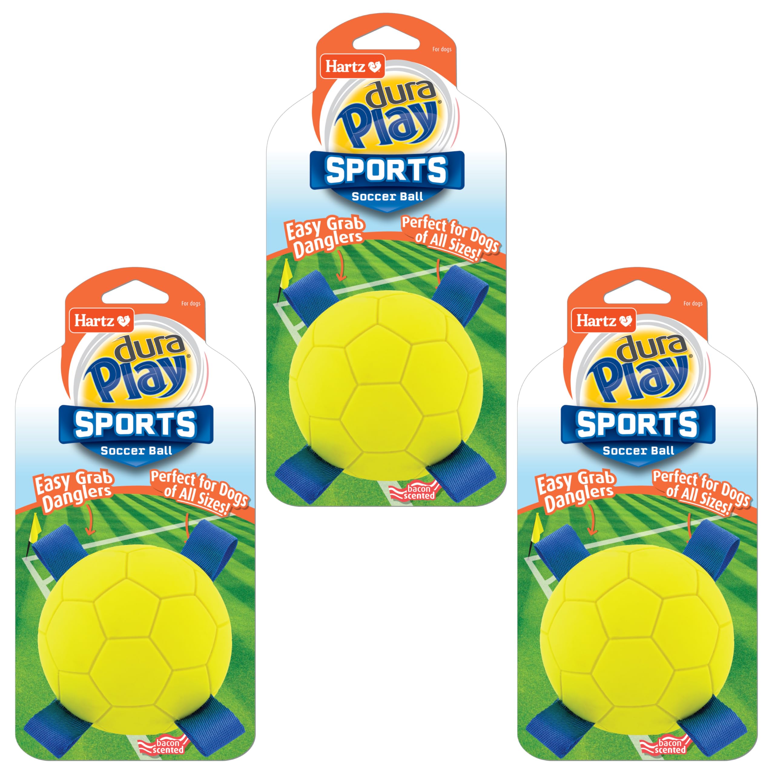 Hartz Dura Play Sports Soccer Dog Toy, Bacon Scented Squeaky Latex Yellow & Blue Toy, 3 Count