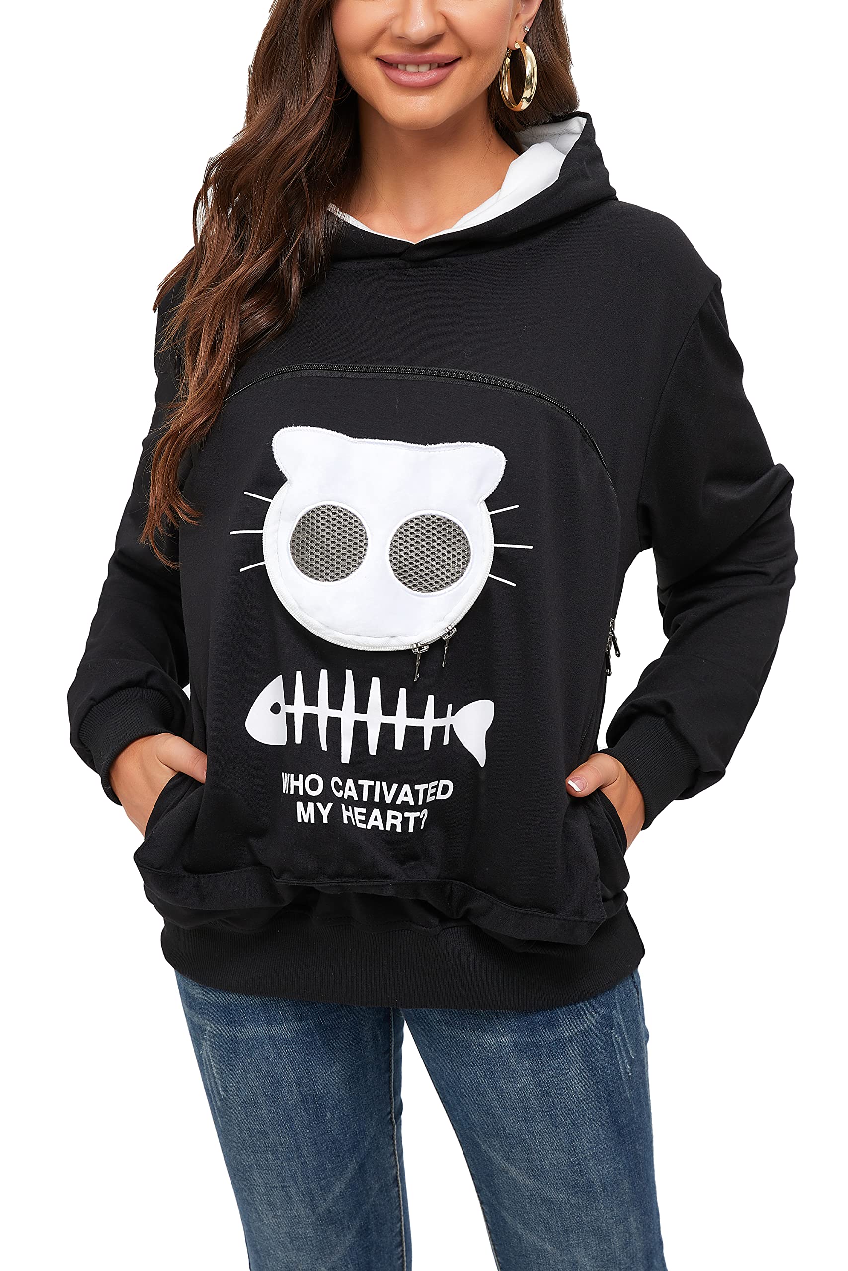 Bombaxceiba Cat Dog Pet Carrier Sweater Puppy Kitten Pouch Hoodies Kitty Carrying Kangaroo Sweatshirt(Black,Xxl)