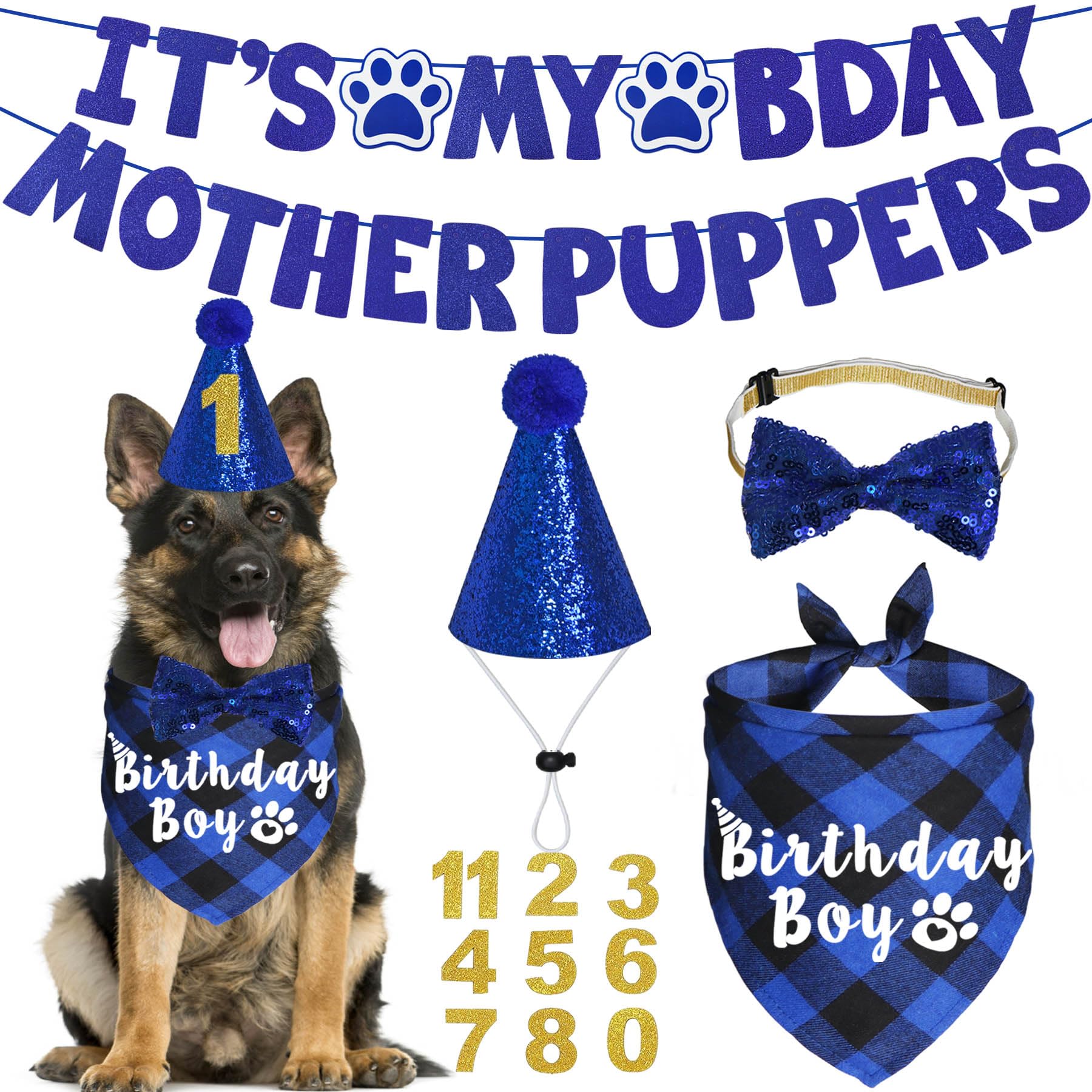 Jotfa Dog Birthday Party Supplies, Multi Sizes Dog Birthday Hat With Numbers Bandana Bow Tie Its My Bday Mother Puppers Sign Ban