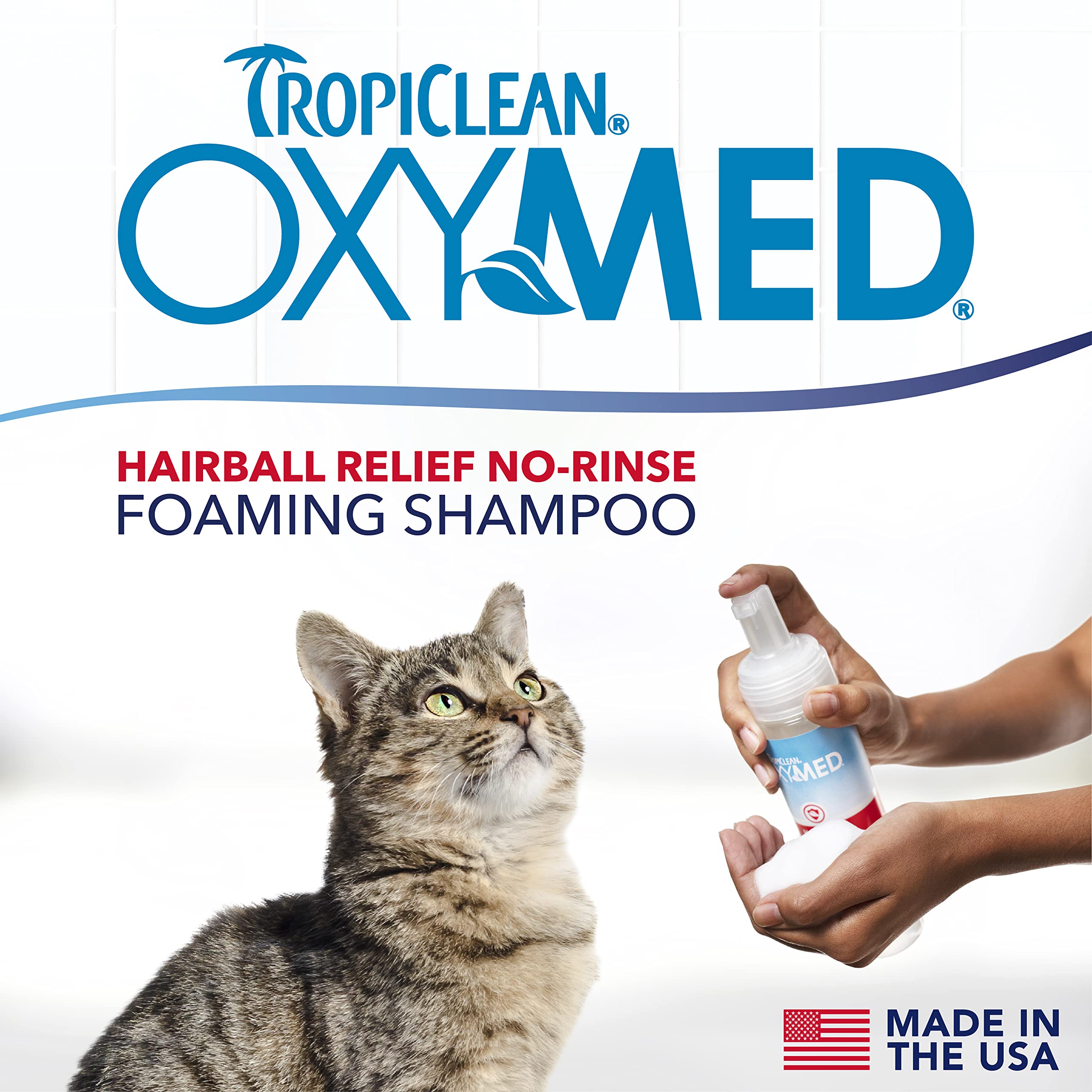 TropiClean Oxymed Waterless Cat Shampoo and Conditioner | A No-Rinse Cat Wash for Hairball Relief | 7.4 oz
