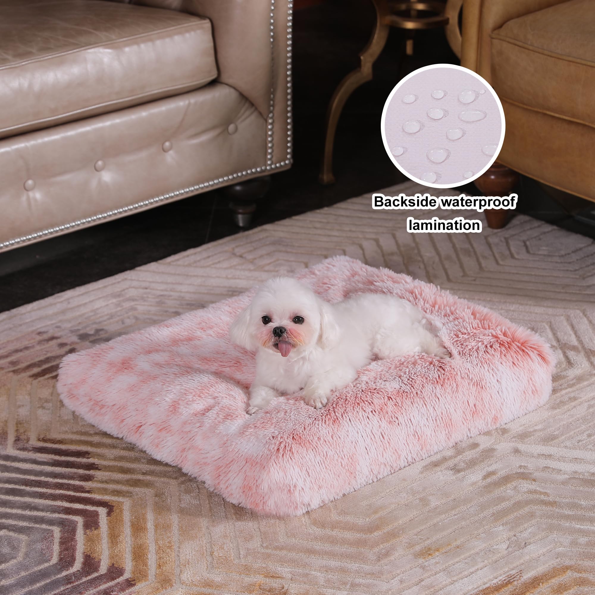 Bedfolks Waterproof Crate Bed, Plush Dog & Cat Bed With Washable Cover, Faux Fur Kennel Pad, 17''X12'', Pink
