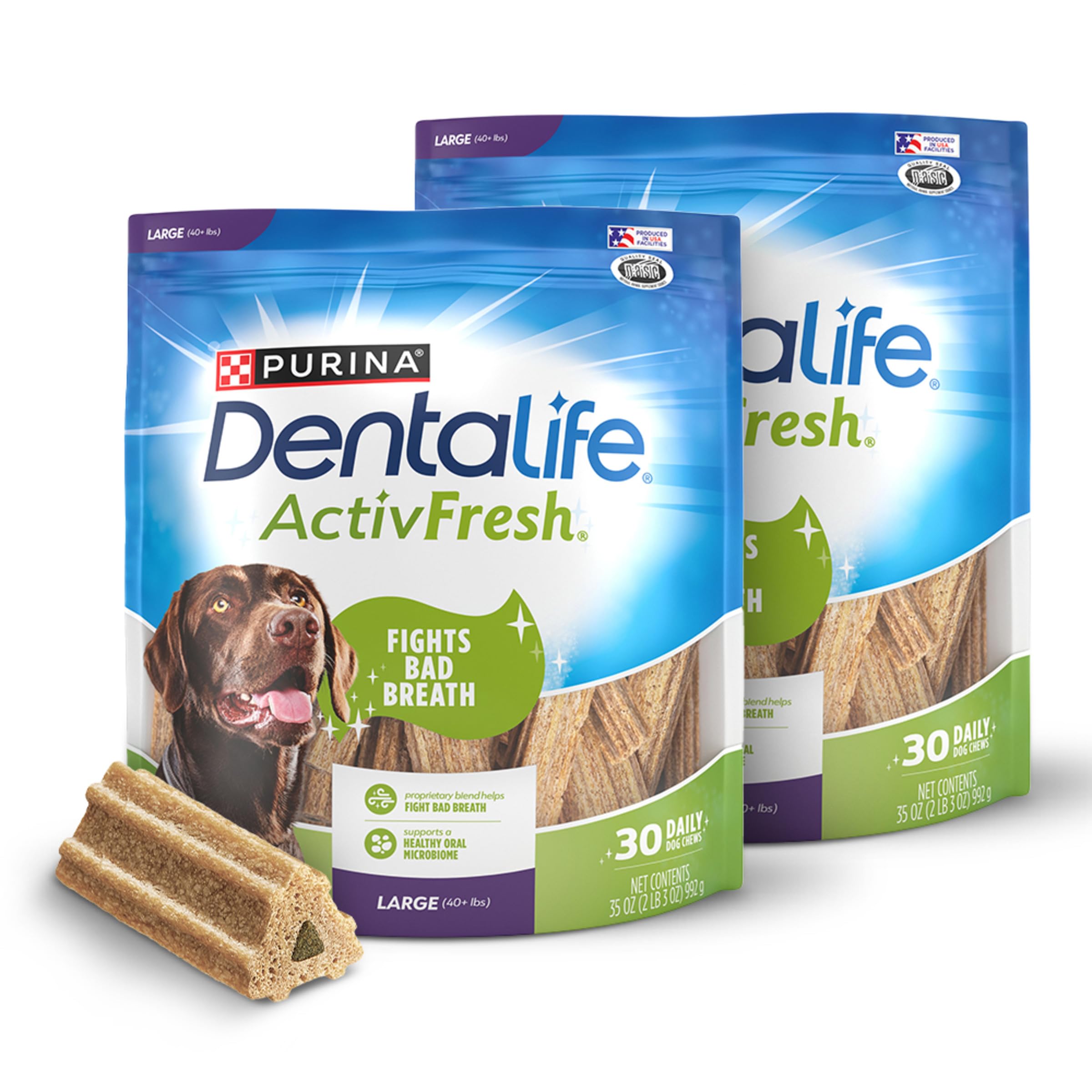 DentaLife ActivFresh Pack of 2 Dog Chews for Large Dogs 40 lbs. and up, Dental Chews to Freshen Breath, Chicken Flavor, 35 oz. e