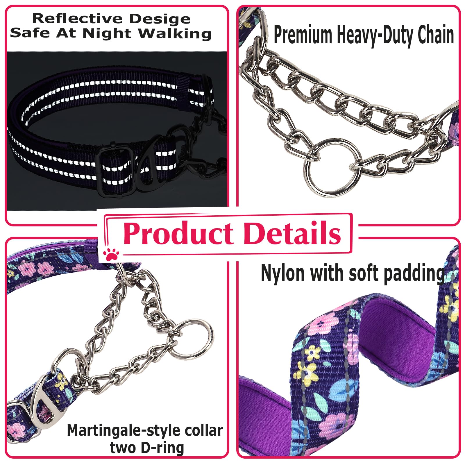 Martingale Dog Collar With Steel Chain, Adjustable Reflective Nylon & Soft Padded - For Medium, Large, Xl, Xxl Dogs For Training