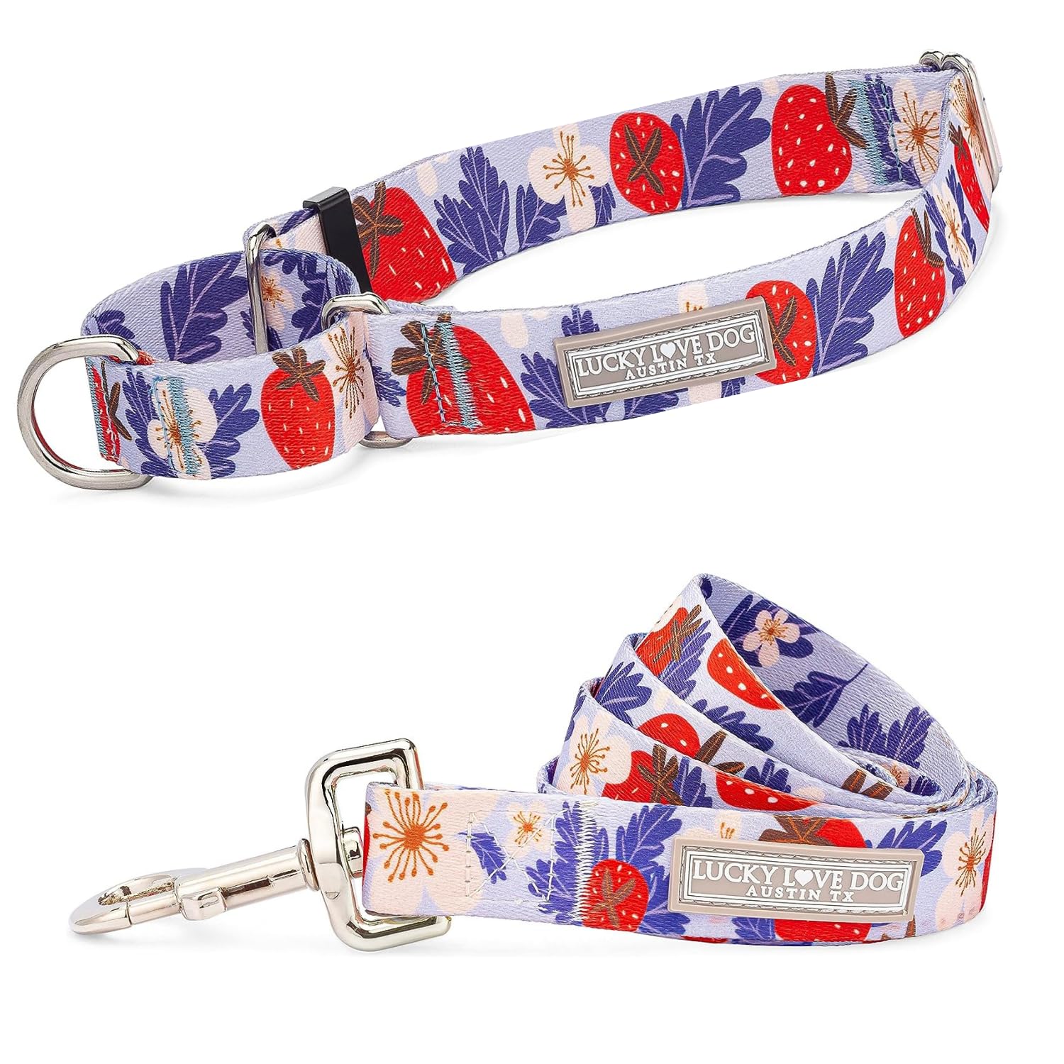 Lucky Love Dog Martingale Collar And Leash Set, Premium Fun Girl No Slip Collars, Strawberry Martingale Dog Collar And Leash Set