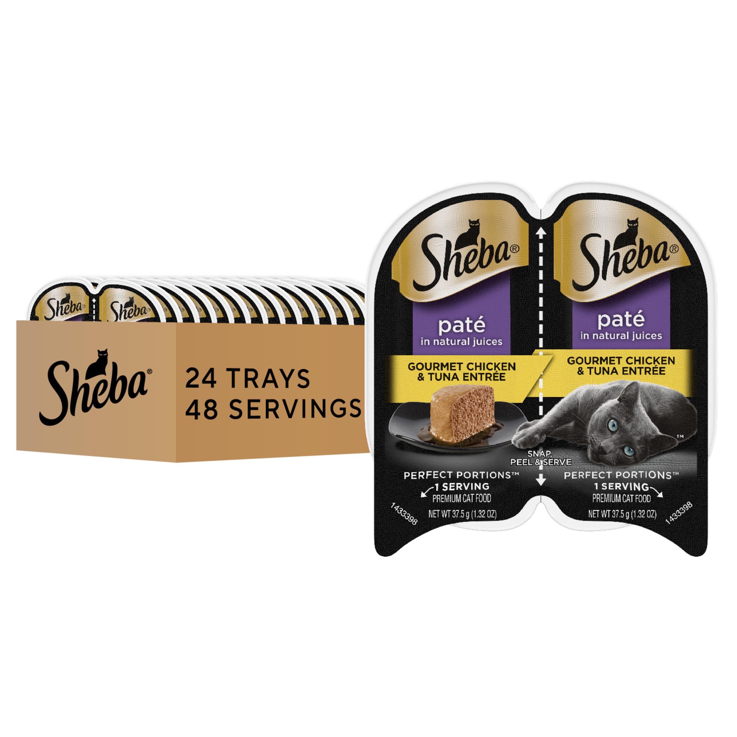 Sheba Perfect Portions Pat   Wet Cat Food Trays (24 Count, 48 Servings), Gourmet Chicken and Tuna Entr  e, Easy Peel Twin-Pack T