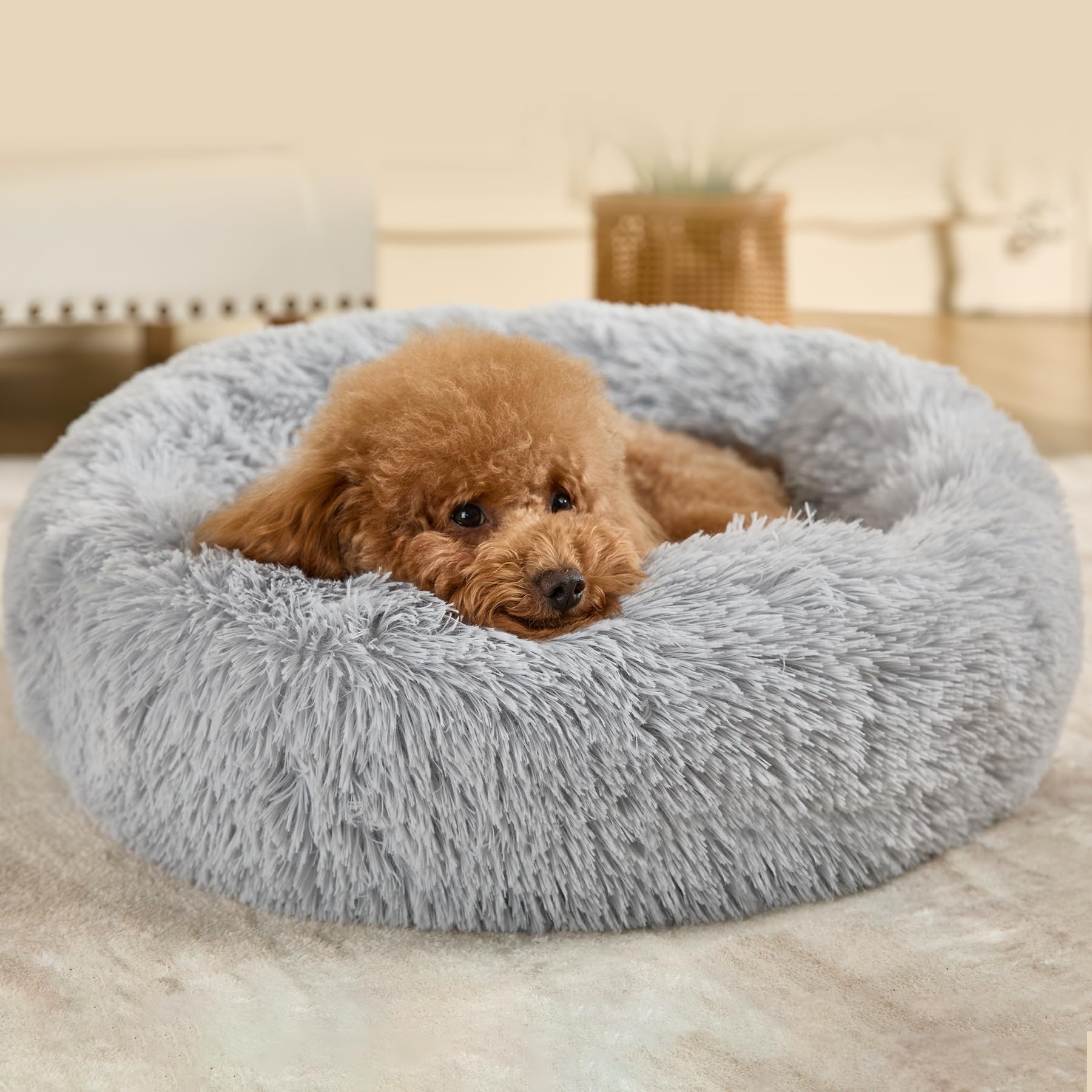Dog Bed Calming Beds For Small Medium Dogs - Round Donut Washable Dog Bed, Anti-Slip Faux Fur Fluffy Donut Cuddler Anxiety Cat B