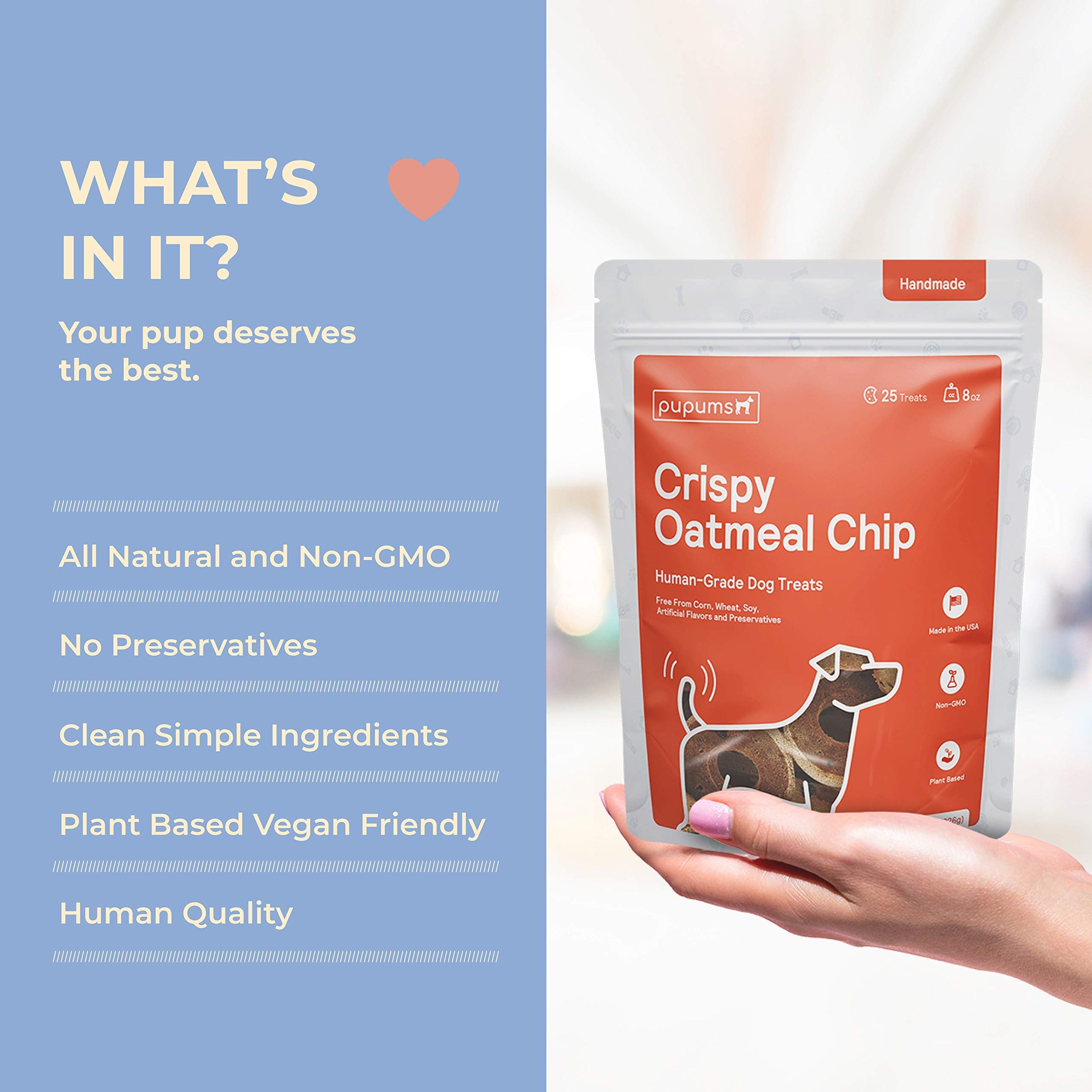Pupums Healthy Dog Treats Non-GMO Grain Free Human Grade Crispy Oatmeal Chip Made in USA (8oz)