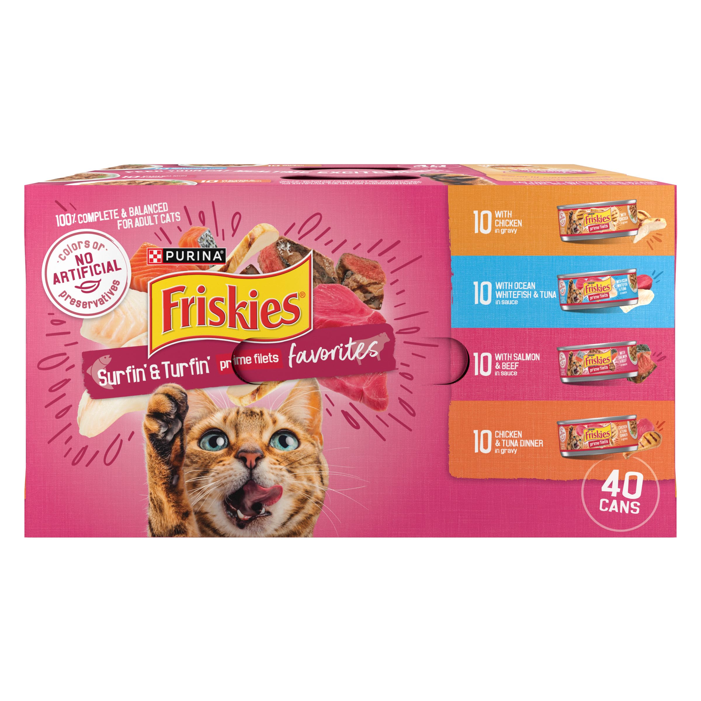 Purina Friskies Wet Cat Food Variety Pack, Surfin & Turfin Prime Filets Favorites - (Pack of 40) 5.5 oz. Cans