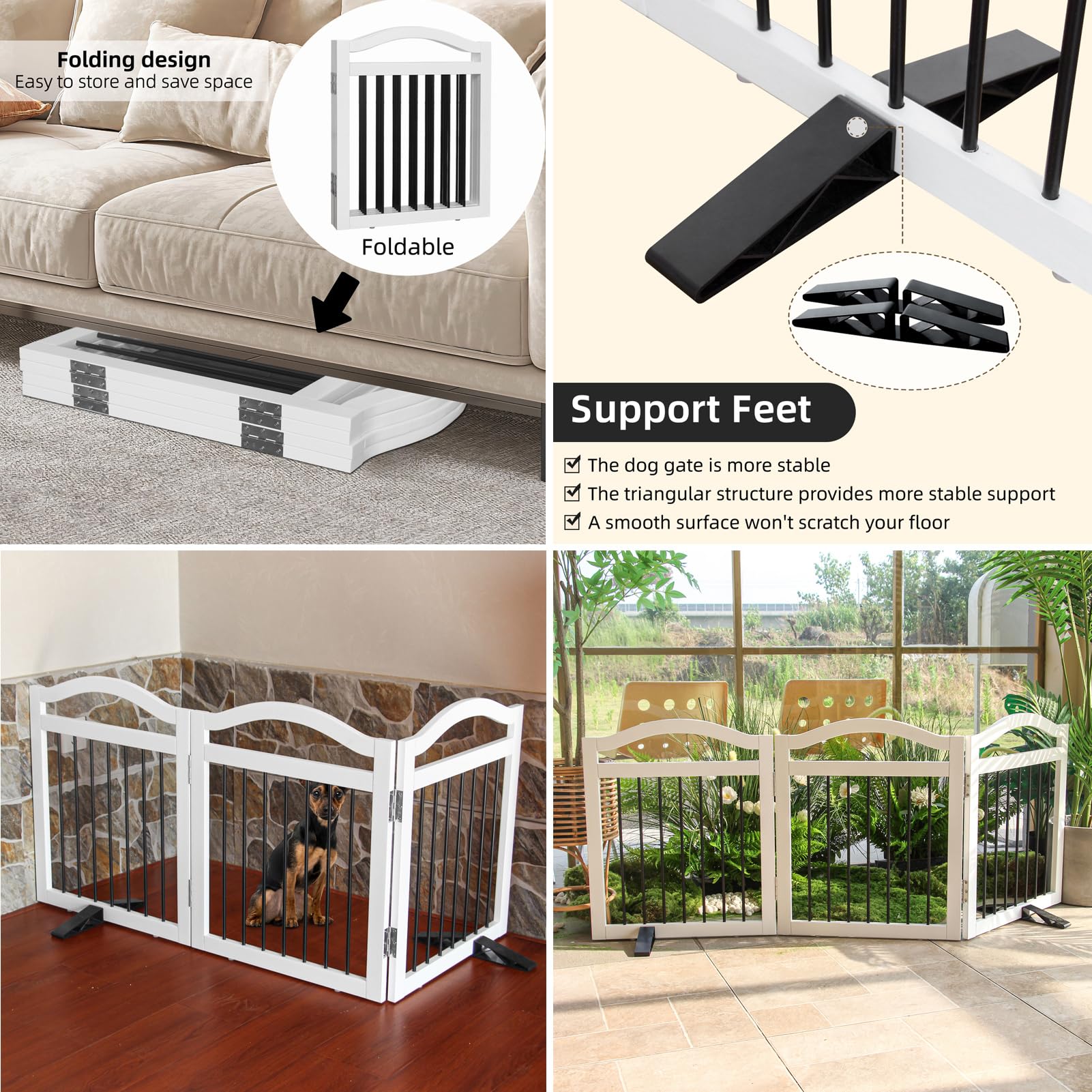 Zjsf Freestanding Foldable Dog Gate Indoor, Pet Gate For Doorways, Dog Fence For The House, Sturdy Wood Puppy Gate For Stairs, White Dog Gates With Support Feet For Hallways, 24 'Height-3 Panels
