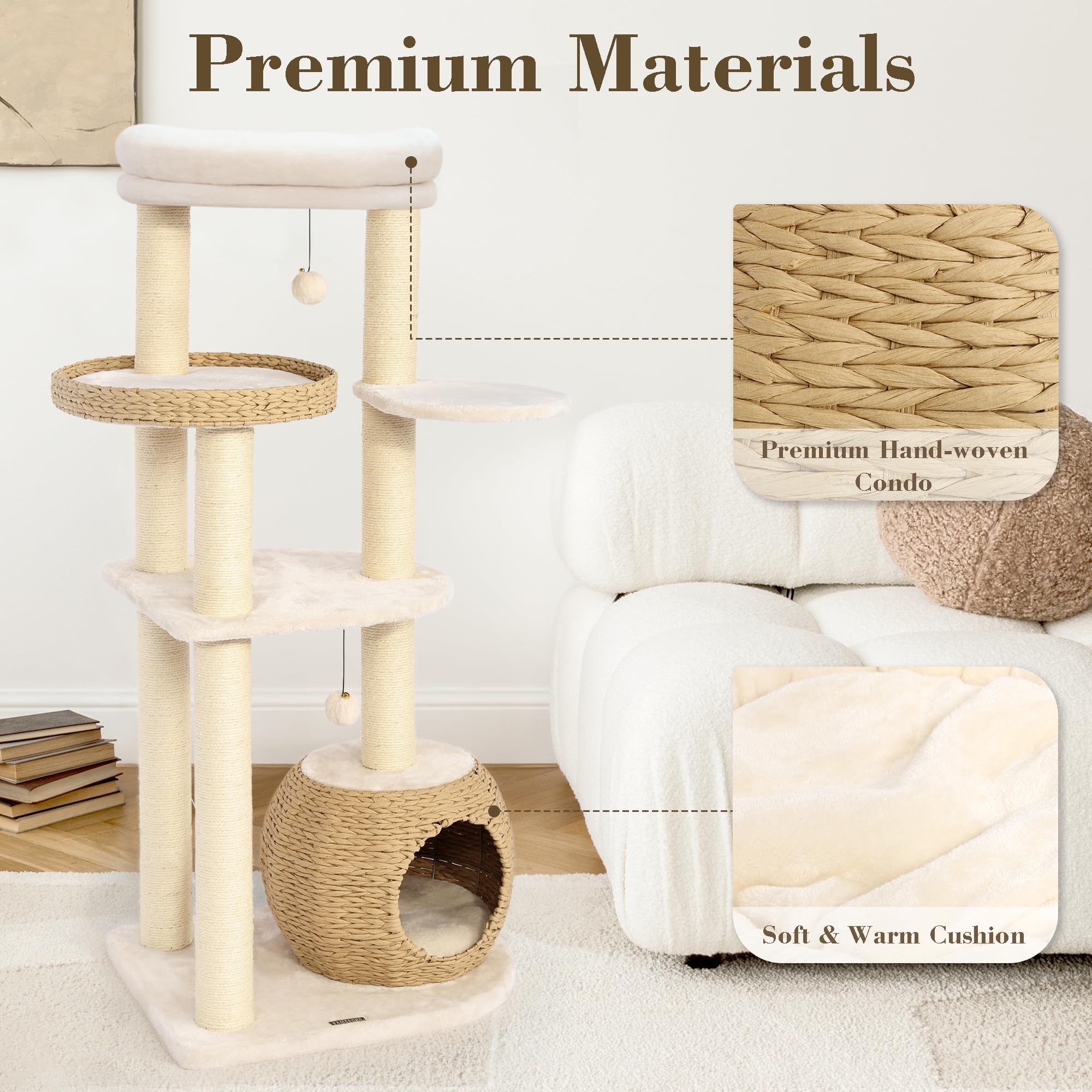 KAMABOKO Modern Cat Tree - 53" Tall Indoor Cat Condo, Hand-Woven Tower, Natural Sisal Scratching Posts, White