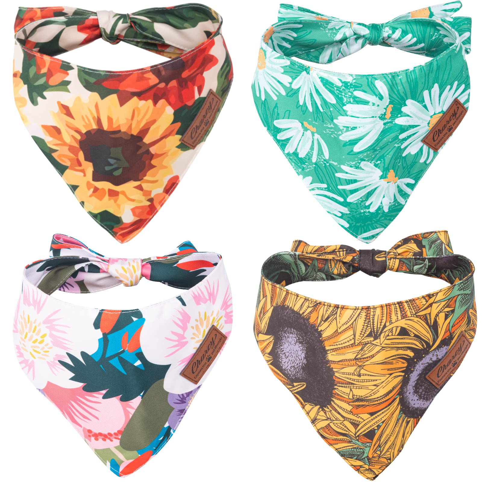 Charcy Bandanas 4 Pack, Fall Bandana For Boy Girl Dog Holiday Birthday, Adjustable Durable Scarf, Unique Design - Sunflower Larg