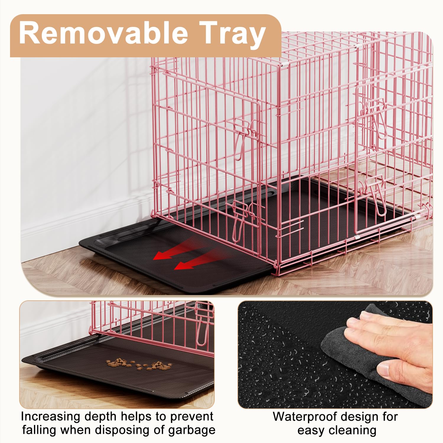 FDW Dog Crate 36inch Dog Cage Foldable Metal Kennel with Leakproof Tray Foldable Design Indoor Outdoor Use for Medium Dogs,Pink