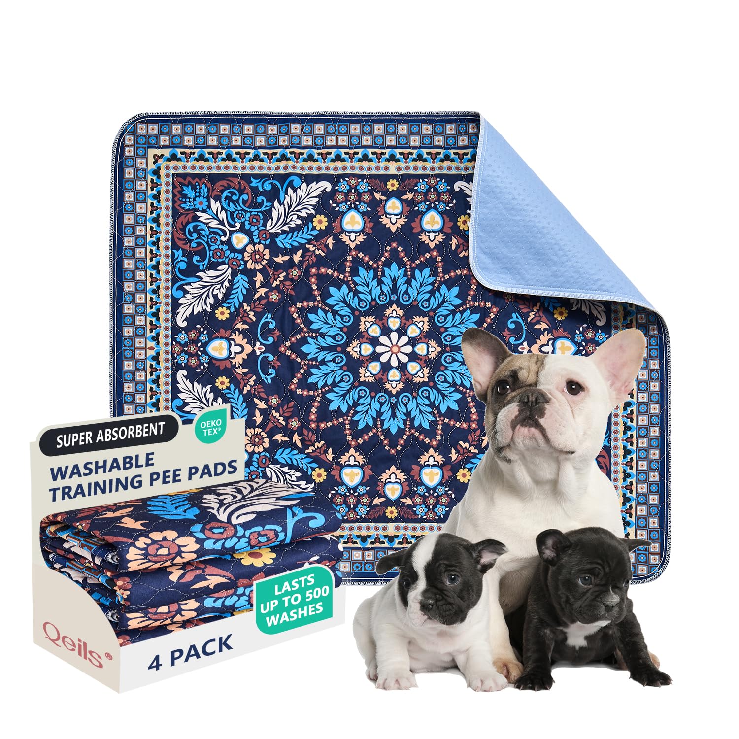 Qeils Washable Pee Pads, Reusable Puppy Pads 4 Pack 30'X34' Super Absorbent Leakproof Dog Training Pads, Non-Slip Wee Wee Pads