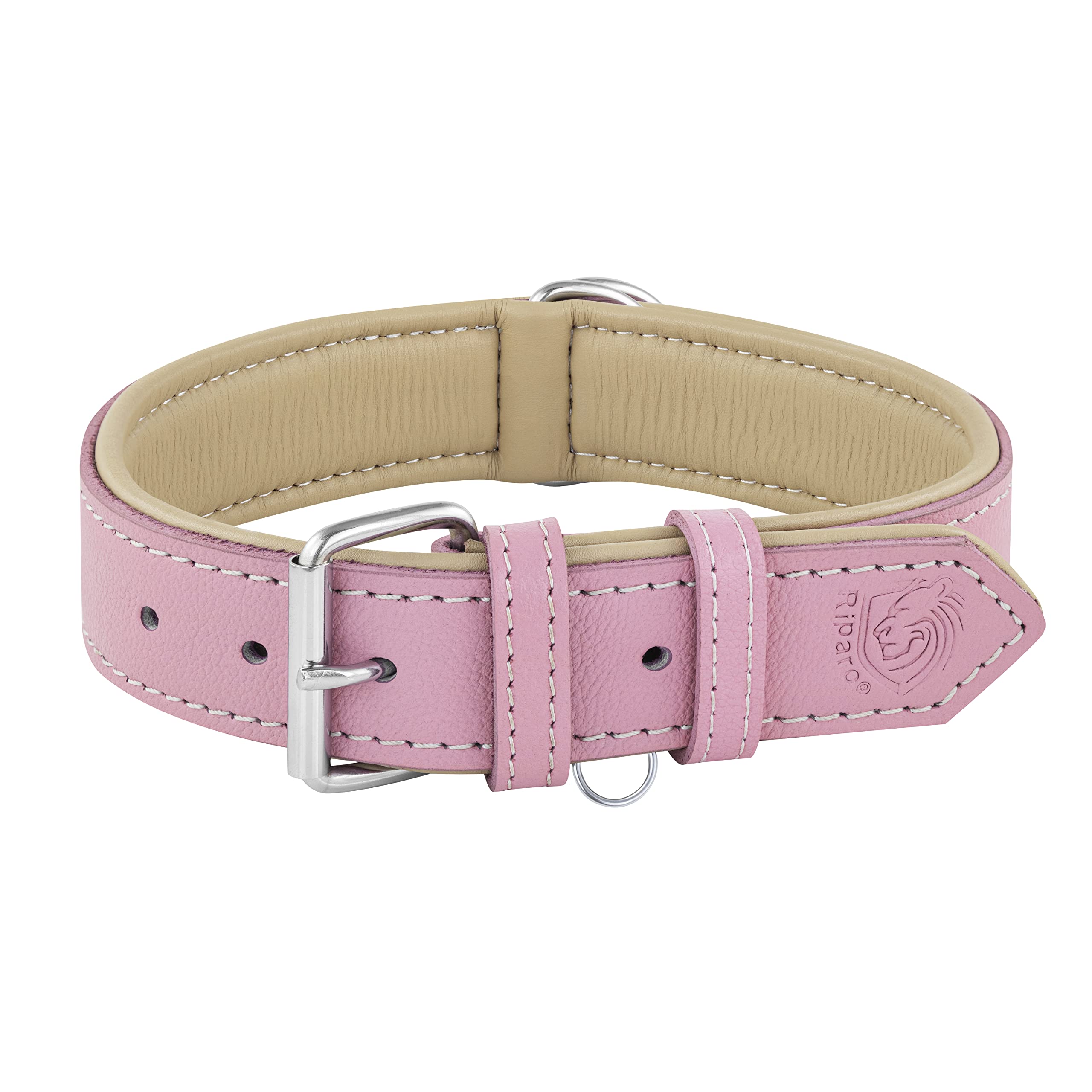 Riparo Genuine Leather Pink Dog Collar Heavy Duty K-9 Adjustable Dog Collar (L: 1.5'' Wide For 17''-21'' Neck, Pink)