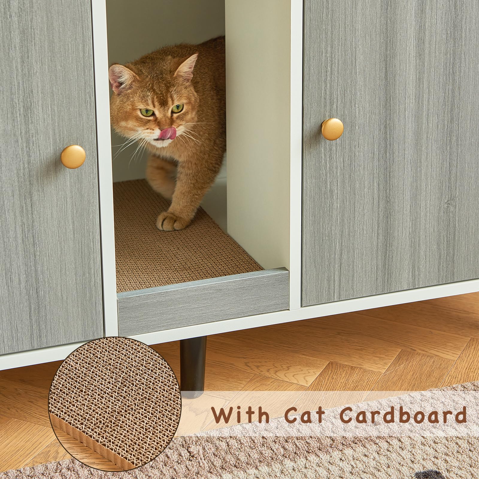 Litter Box Enclosure For 2 Cats - 42.5'' Double Room Cat Litter Box Cabinet Furniture With Scratching Pad, Indoor Hidden Cat Lit