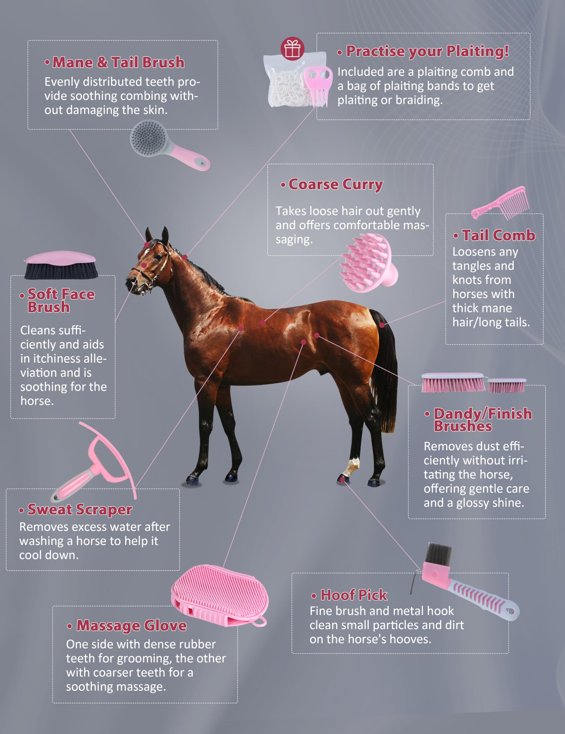 Harrison Howard Horse Grooming Kit 9-Piece Equine Care Series Horse Brush Sets With Organizer Tote Bag Pink