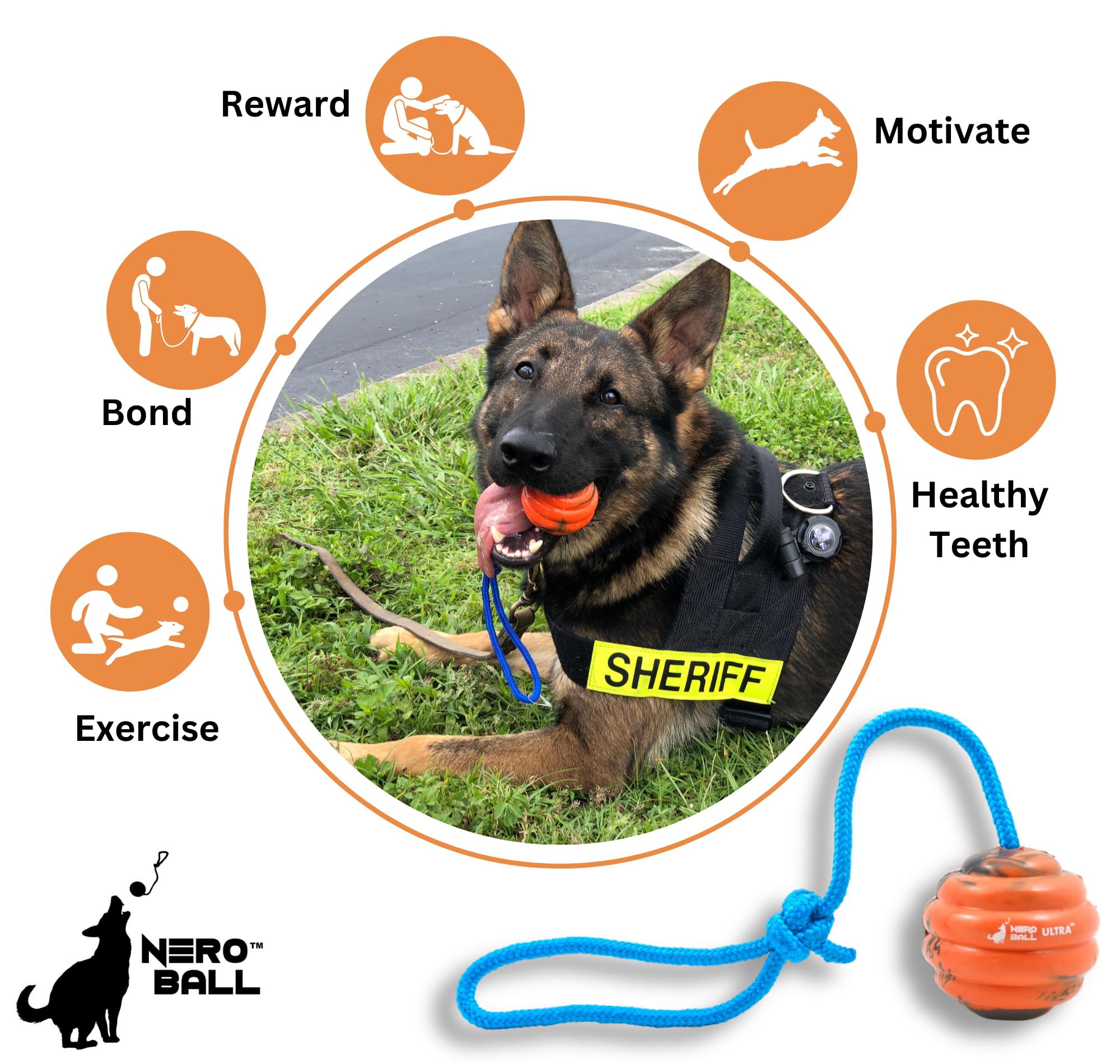 The Nero Ball Ultra™ Durable Dog Training Ball On Rope - Used By K-9 Teams Worldwide - Reward And Fetch Ball For Large Dogs - Exercise And Reward Toy For Dogs.