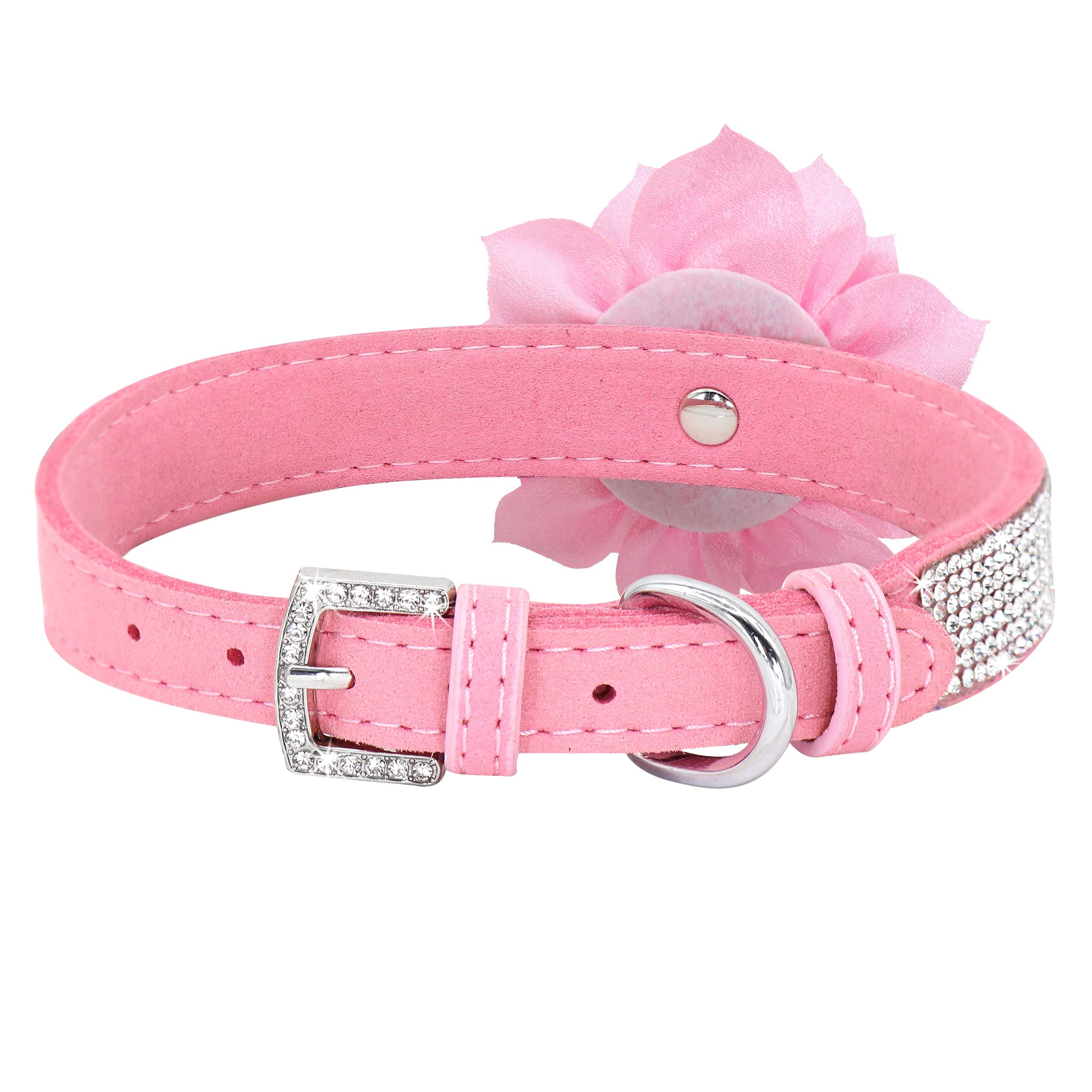 Pet Artist Cute Girl Rhinestone Suede Dog Collars For Small Dogs Cats,Soft Flower Dog Collar,Bling Dog Collars For Small Puppy Dogs Pink Collar, Xs:Neck 7.5-10'(19-25Cm)