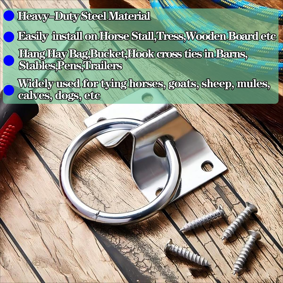 Gaitwin Cross Tie Ring For Horses, Block Tie Hitching Ring With Screws For Horse Stall Stable, Wall Mount Tie Down Horse Barn Su