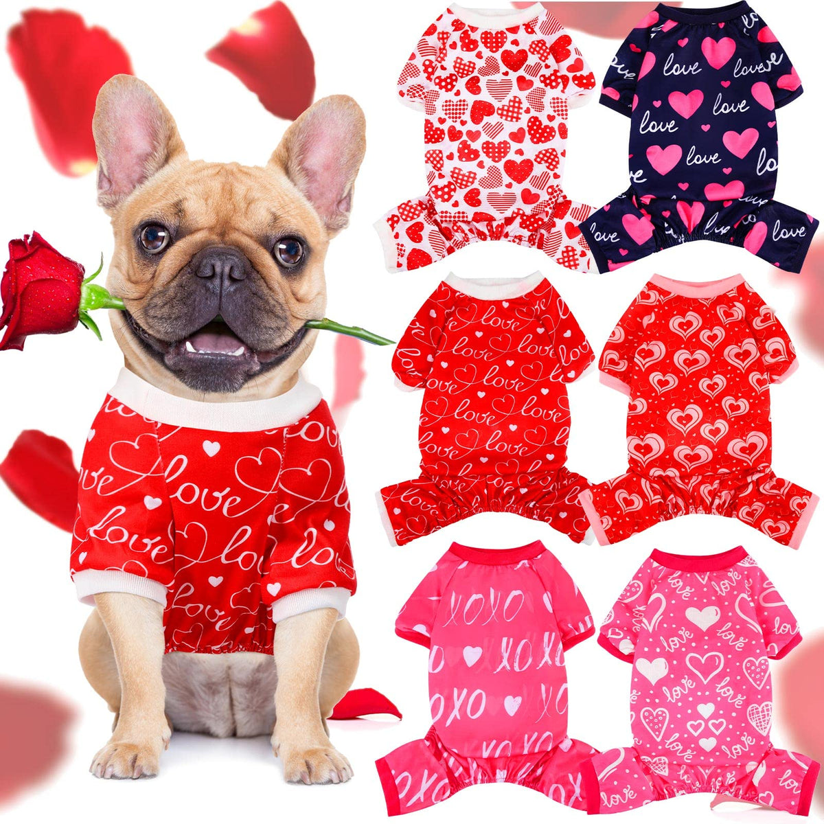 6 Pack Valentines Dog Pajamas Heart Pattern Dog Clothes Dog Costumes For Small Medium Large Puppy Dog Cat Valentines Party Cosplay (Large)