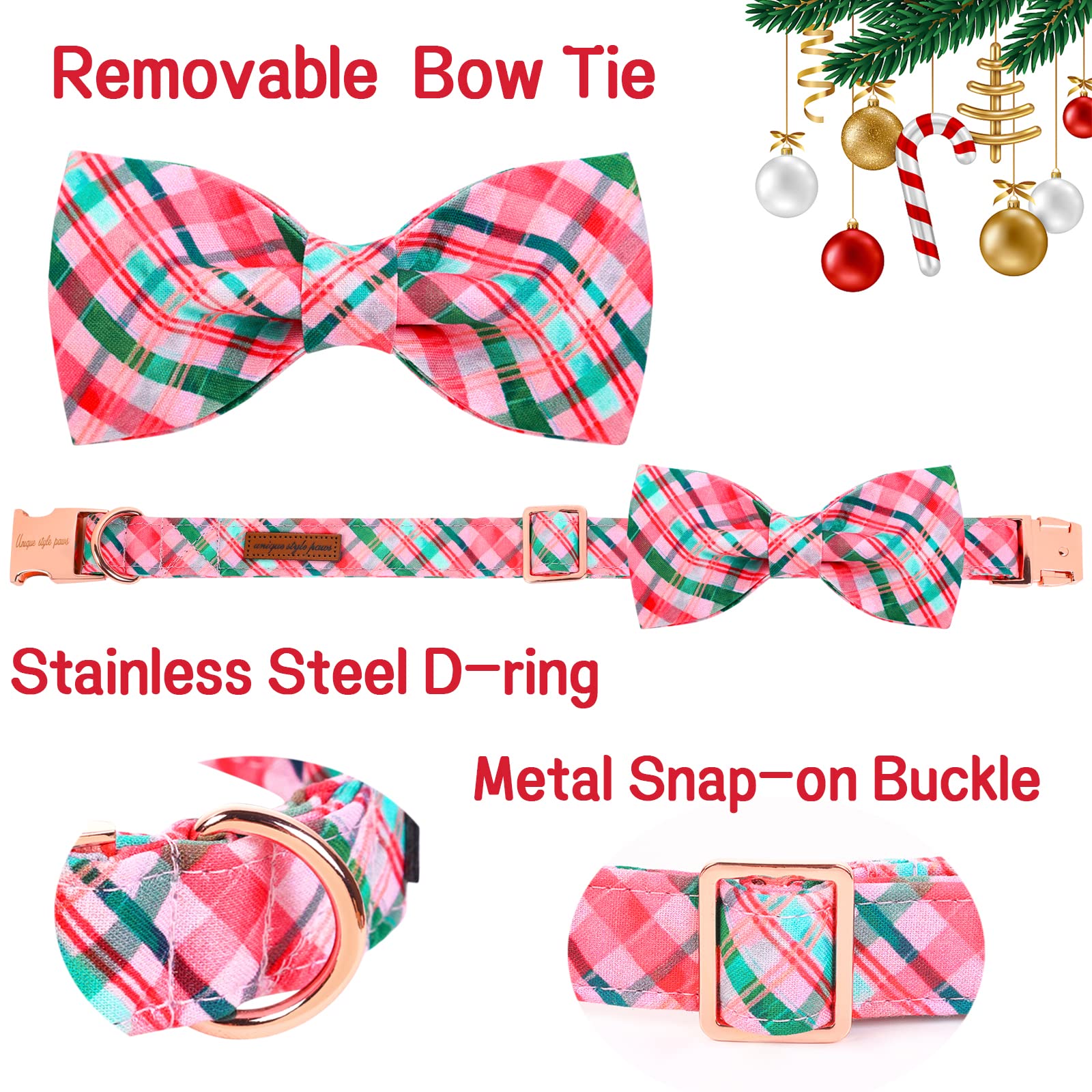 Unique Style Paws Dog Collar With Bow Pink & Green Plaid Dog Collar Best Gifts For Small Medium Large Dogs -L