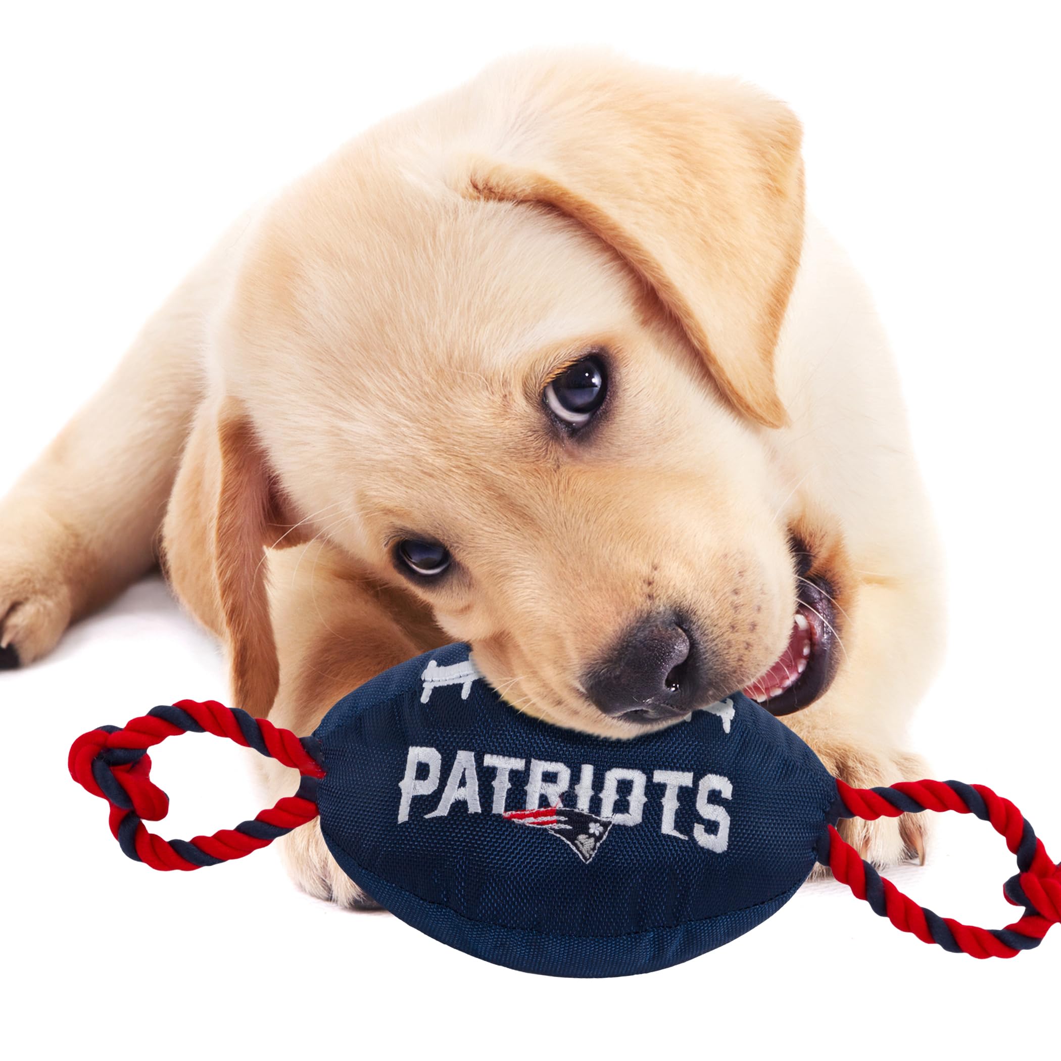 Pets First NFL New England Patriots Football Dog Toy, Tough Quality Nylon Materials, Strong Pull Ropes, Inner Squeaker, NFL Team