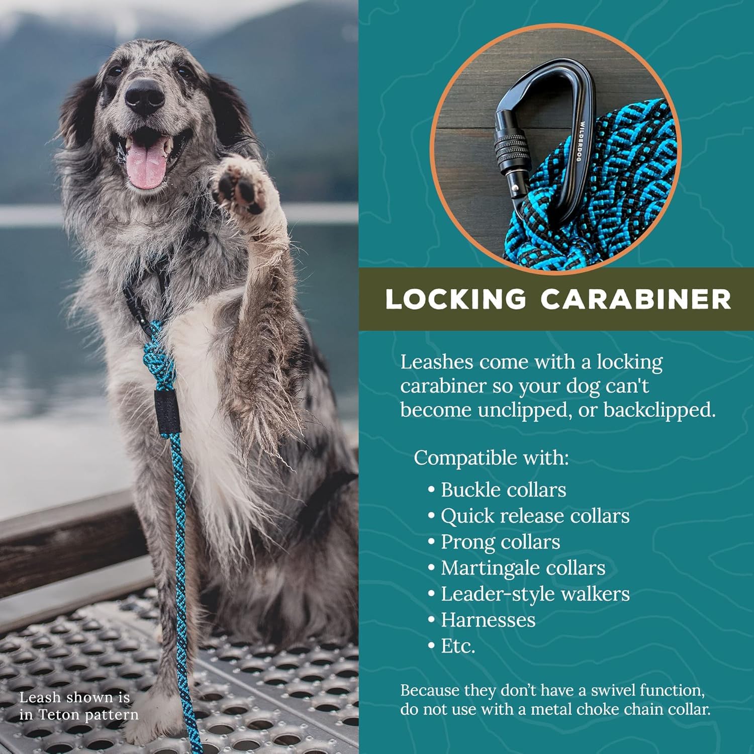 Wilderdog Carabiner Climbing Rope Dog Leash For Medium & Large Dogs - 5Ft - Teton