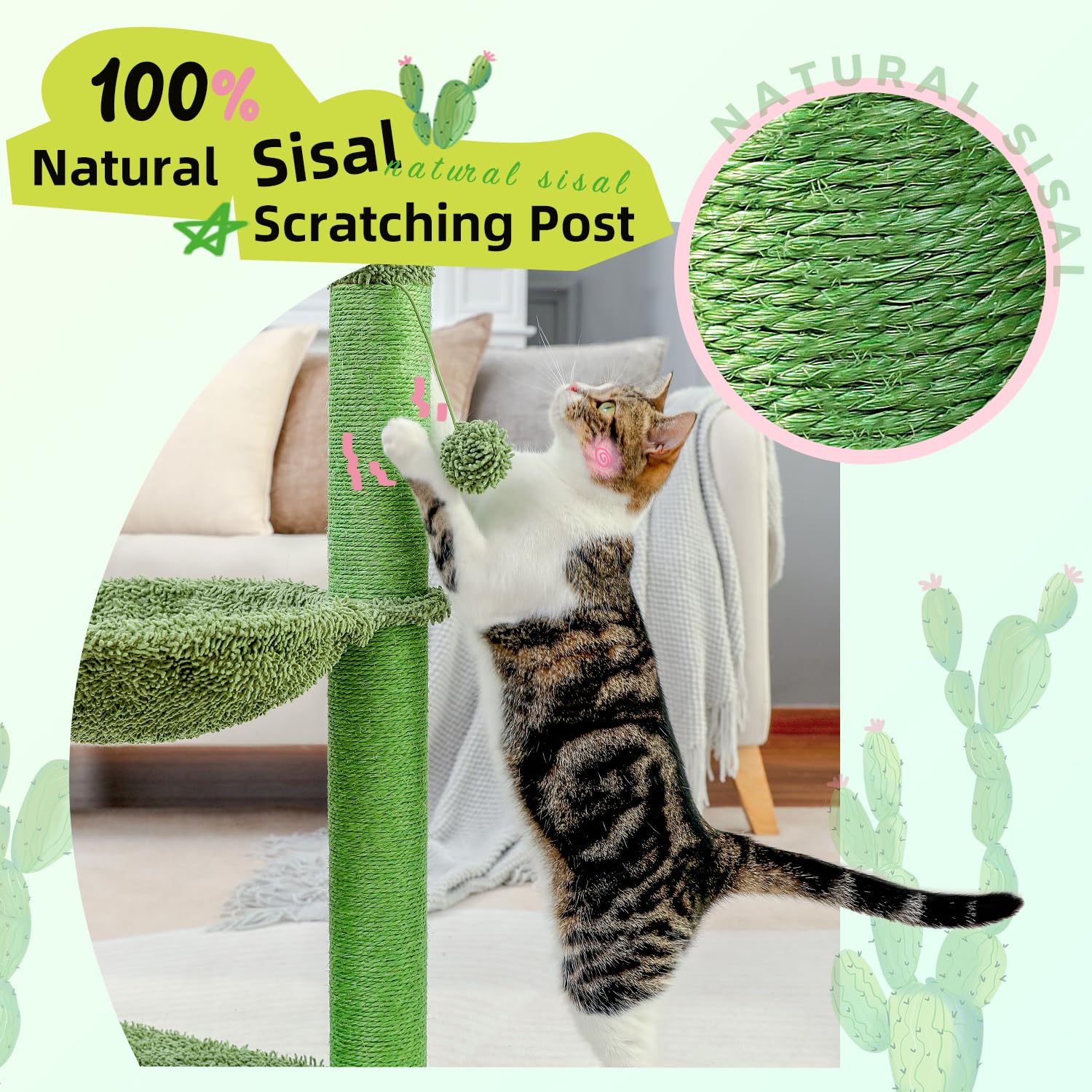 Pawz Road Cactus Cat Tree, 33 Inchs Cat Tower With Cat Self Groomer, Soft Hammock And Fully Wrapped Sisal Scratching Post For In