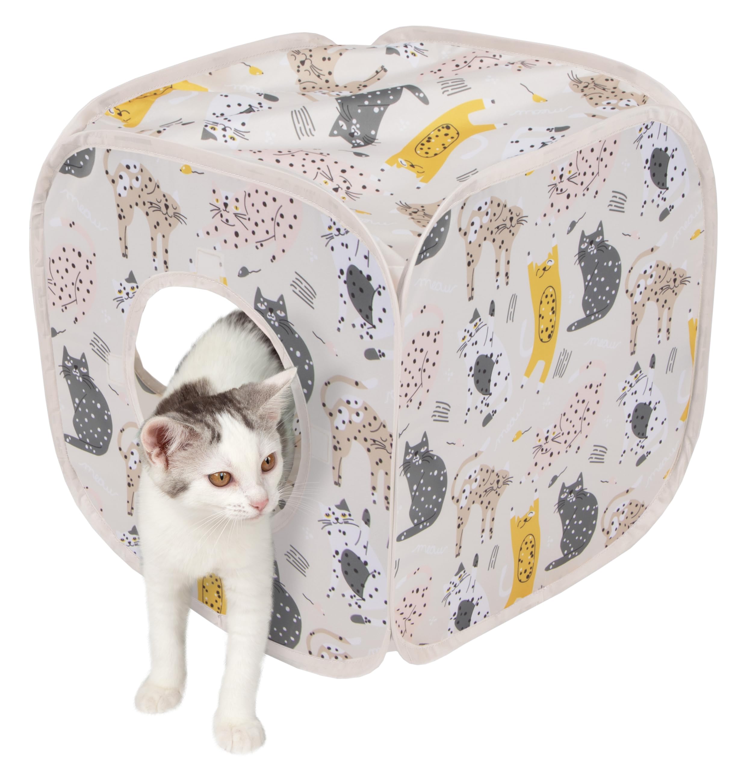 Kitty City Cat Print Pop-Up Cat Play Cube, Collapsible Indoor Cat Hideout with Peekaboo Openings, Lightweight Foldable Cat Cube 