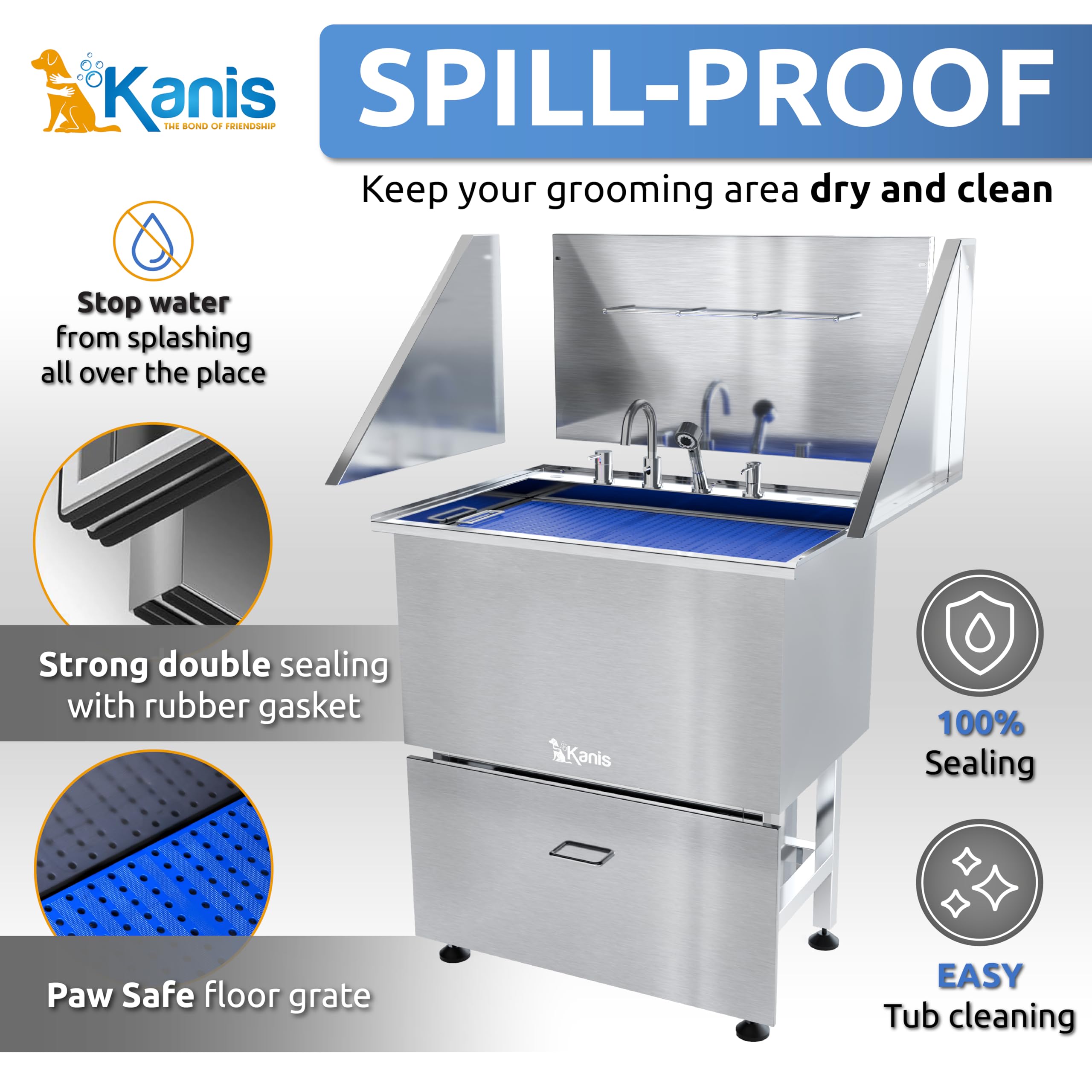 Kanis Professional Stainless Steel Dog Bathing Station - Grooming Tub With Storage Drawer, Floor Grate & Faucet/Dog Bathtub For