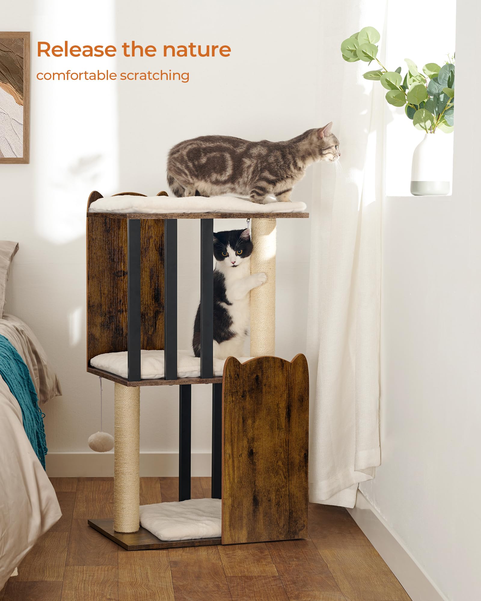 FourFurPets 35.4in 3-Tier Modern Cat Tree Tower Condo, Cat Scratch Posts for Indoor Cats, Big Plate, Two Full Sisal Scratching P
