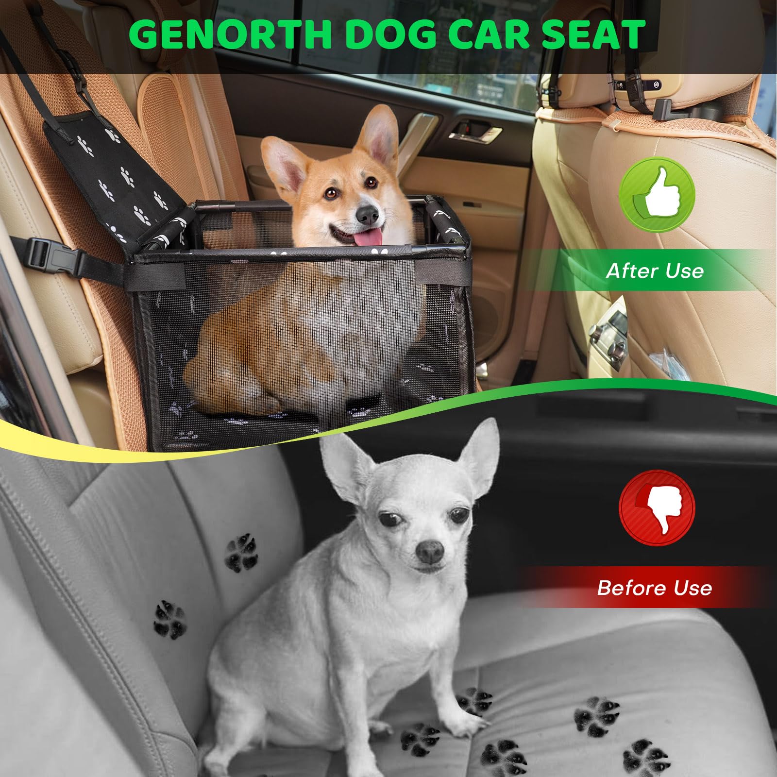 GENORTH Small Dog Car Seat, Portable Booster with Clip-On Leash, Mesh Window, Black Paw Print, for Pets Up to 11 lbs