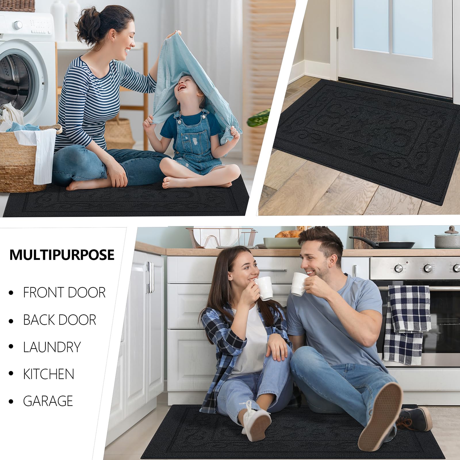 Foneyi Indoor Door Mat, Front Back Door Mat 32' X 40' Non-Slip Rubber Backing Door Rug, Machine Washable Entry Rug, Low Profile Absorbent Dirt Trapper Doormat Inside Floor Mats For Entryway, Black