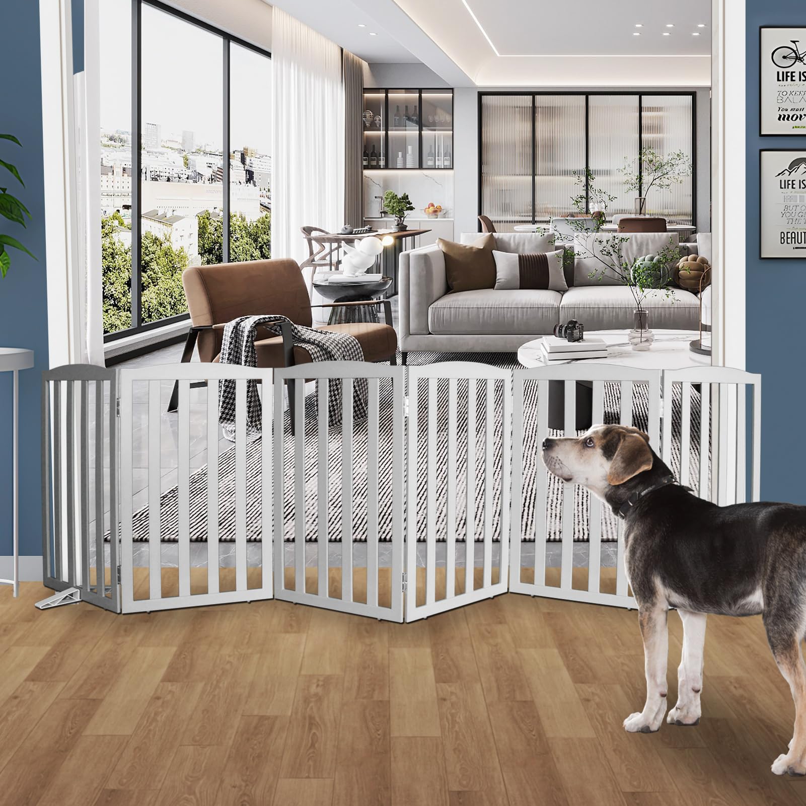 SFJC Freestanding Dog Gate Indoor,Doggie Gate Foldable Pet Gates for Doorways,Stairs or Hallways, Wooden Grey Pet Gate for The H