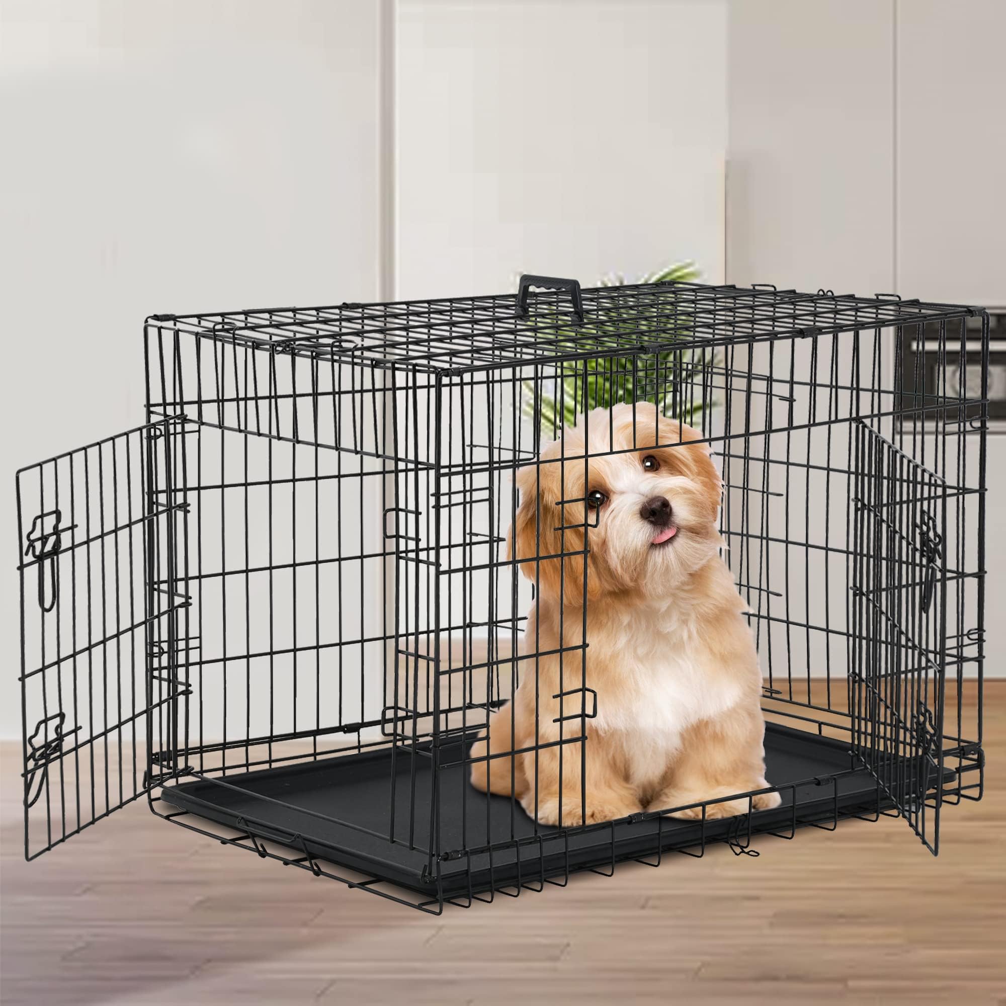 Dog Crate Dog Cage For Large Dogs Folding Mental Wire Dog Kennel Outdoor And Indoor With Double-Door Divider Panel Removable Tra