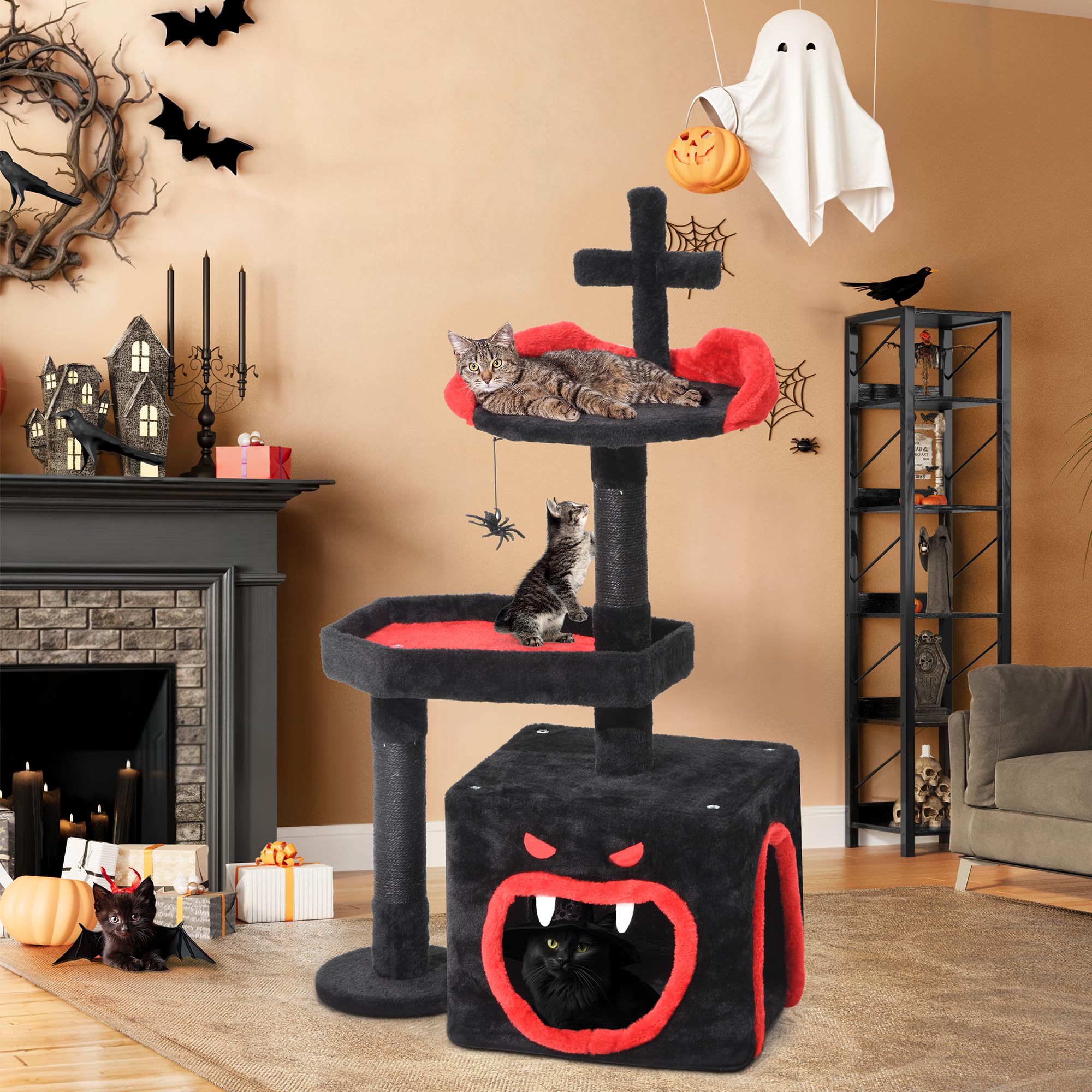 Yitahome Gothic Cat Tree With Coffin Bed, 38.6'' Indoor Cat Tower Featuring Spacious Condo, Spider Hanging Ball, Scratching Post