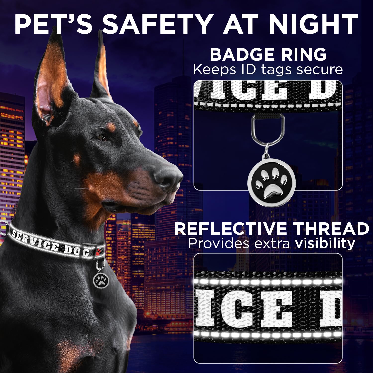 Teceum Reflective Pet Collar - Black - Service Dog - M - Basic Nylon Dog Collar - Quick Release Buckle - Fits Small, Medium And