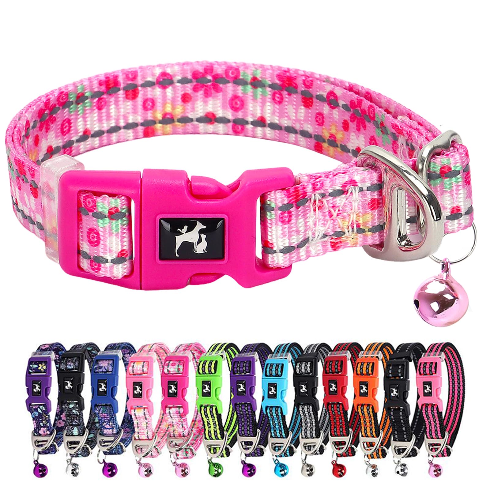 Pink Small Dog Collar With Bell - Reflective Soft Kitten-Safe Collar For Tiny Dogs, Adjustable Flower Pattern Nylon Collar For T