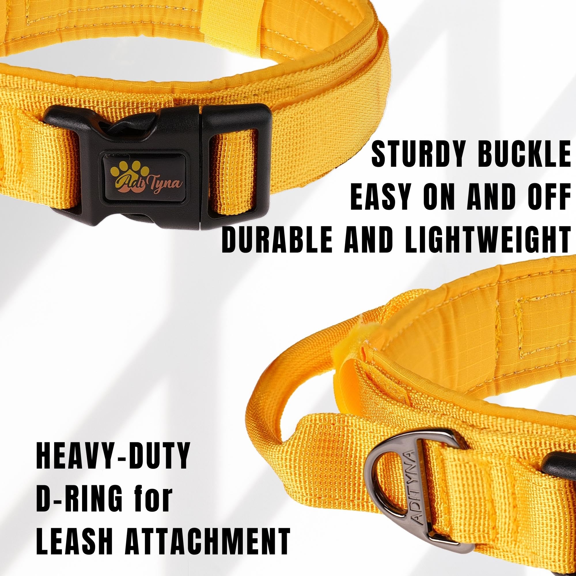 Adityna Tactical Dog Collar For Large Dogs - Soft Padded, Heavy Duty, Service, Adjustable Military K9 Yellow Collar With Handle