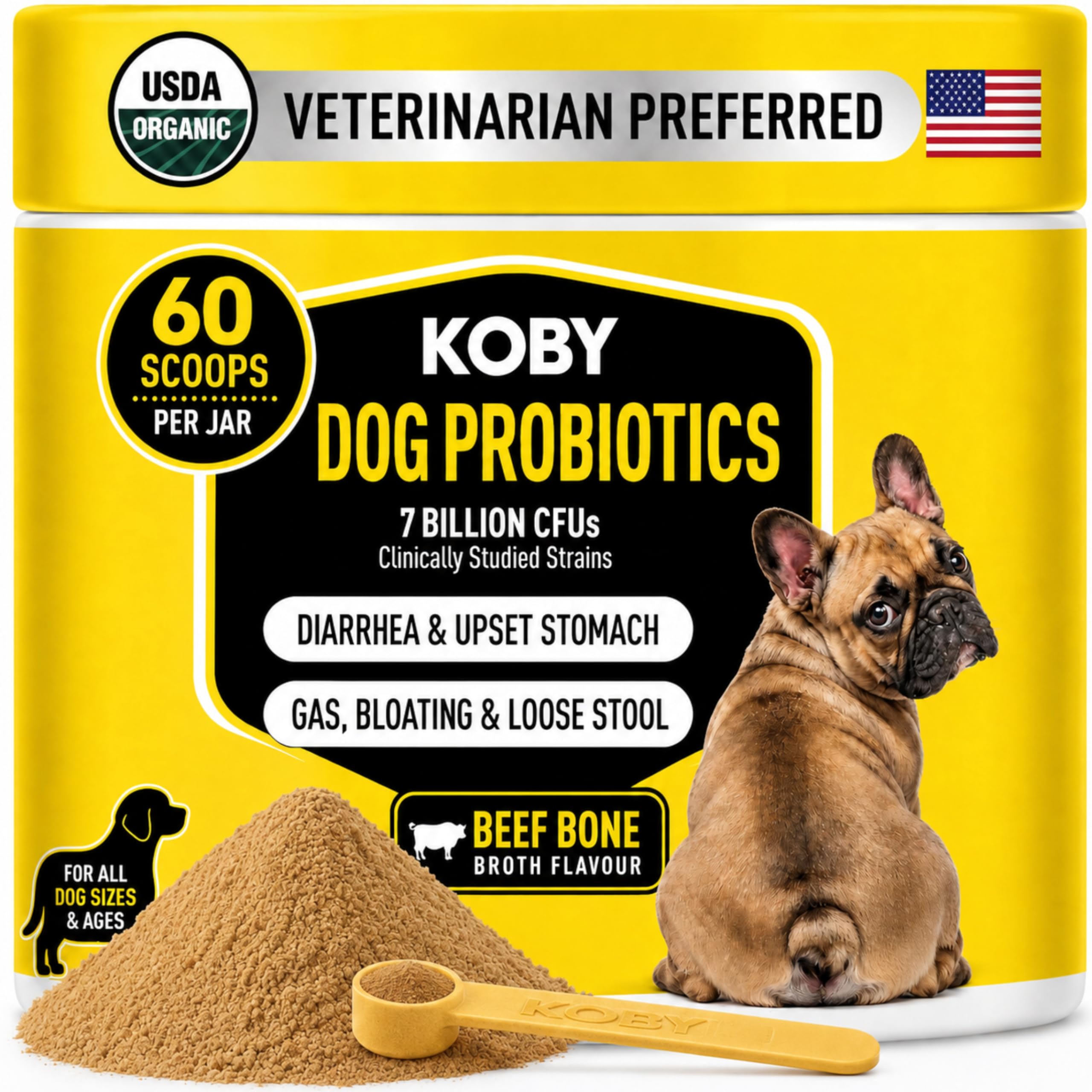Koby Dog Probiotic Powder, 7B CFU with 8 Strains for Diarrhea, Sensitive Stomach & Gut Health, USDA Organic, Vet Developed, Bone