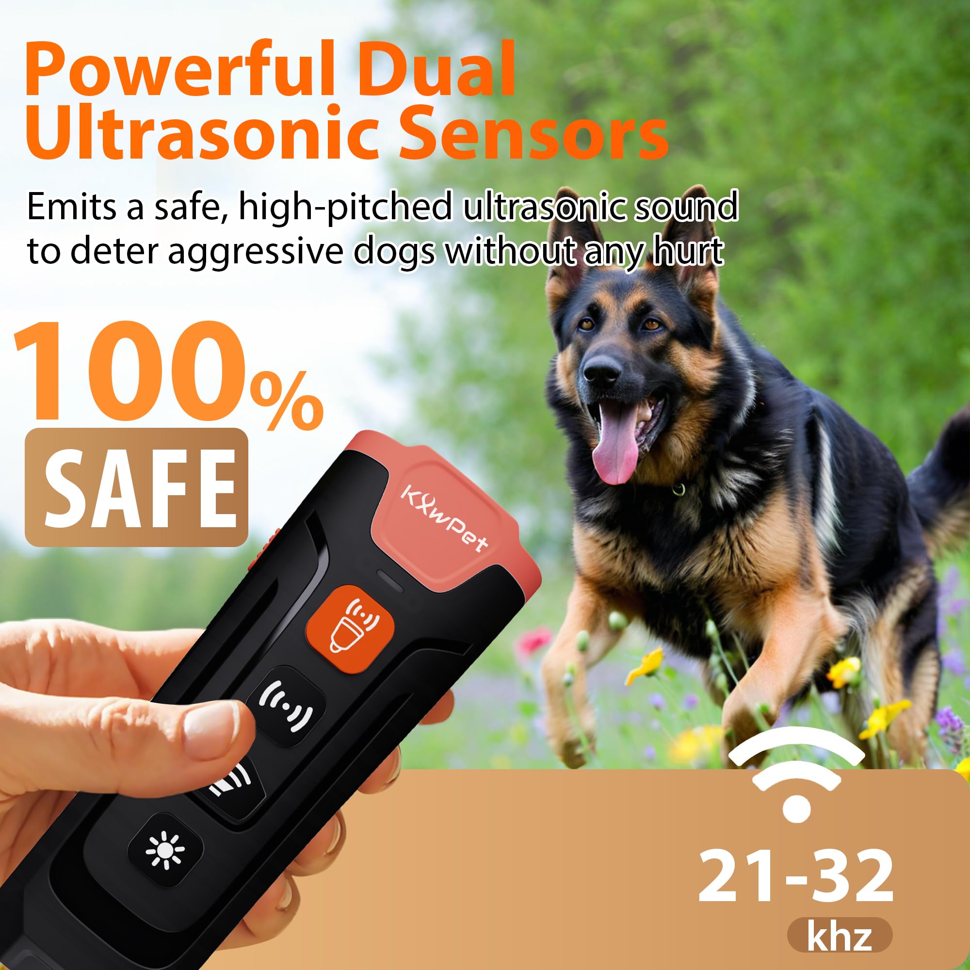 Kxwpet Ultrasonic Dog Bark Deterrent Device, 50 Ft Range, Led Flashlight, 3 Heads, Correct Dogs Bad Behaviors Without Harm, Alte