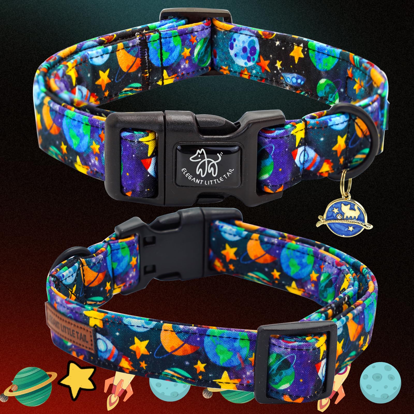 Elegant Little Tail Dog Collar-Cute Pet Dog Collar Blue Star Rocket Print Cotton Soft Girl Puppy Adjustable Pet Collars For Smal