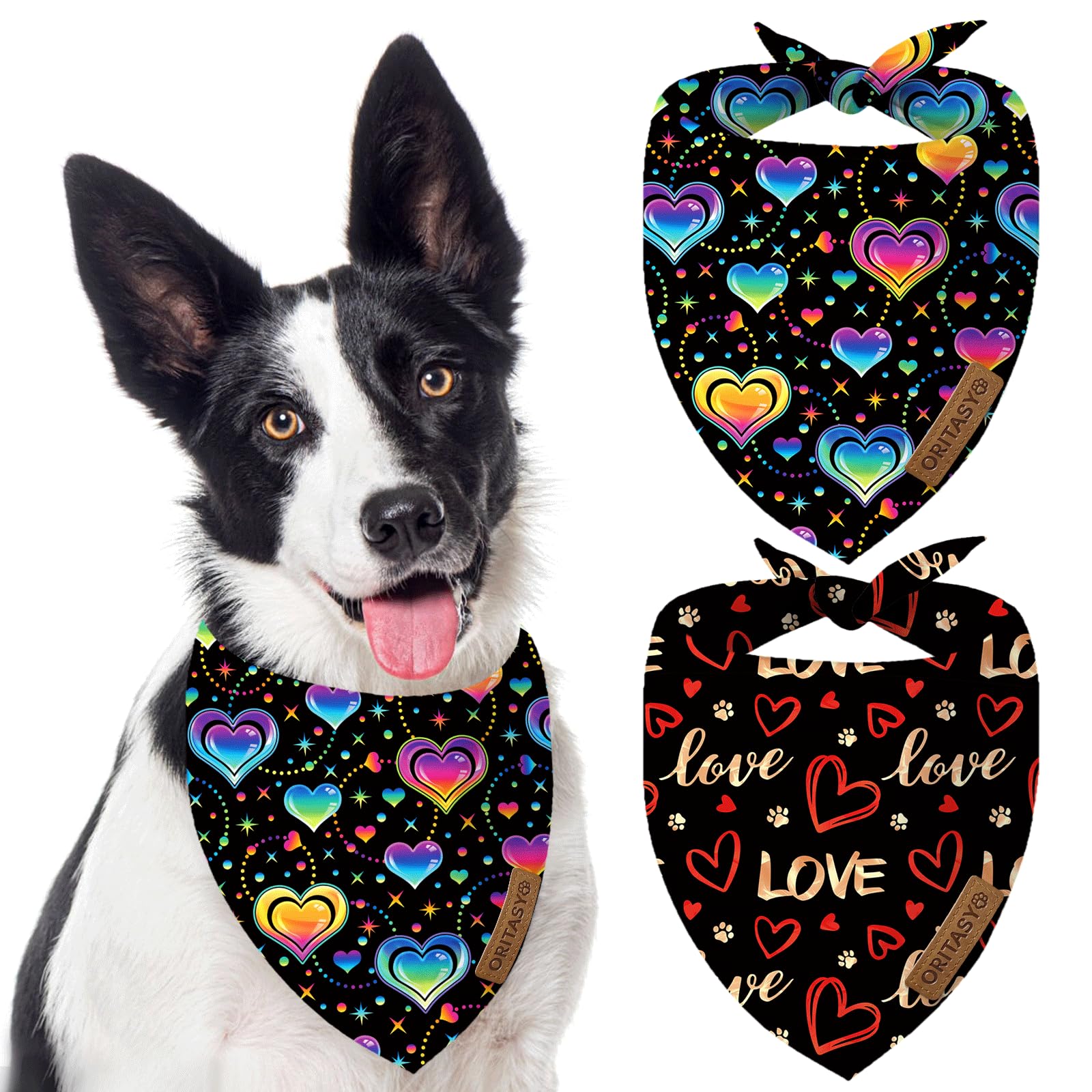 Oritasy Valentines Day Dog Bandanas, 2-Pack Triangle Reversible Love Pet Scarves, Premium Fabric Bandana (X-Large, Style 2)