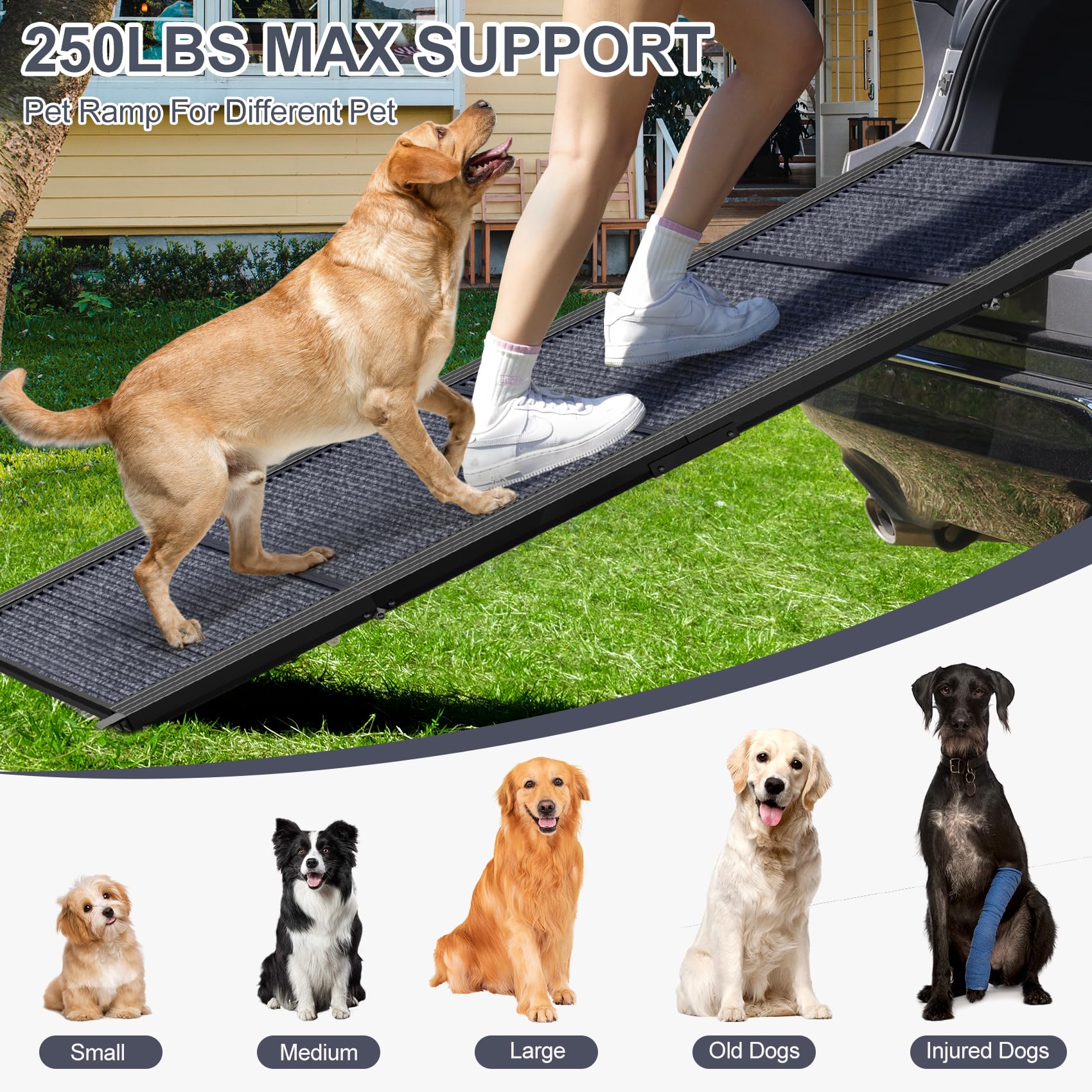 Herccreta Wigge Dog Ramp For Car, 63'' Long & 17'' Wide Folding Portable Pet Stair Ramp With Non-Slip Rug Surface, Extra Wide Do