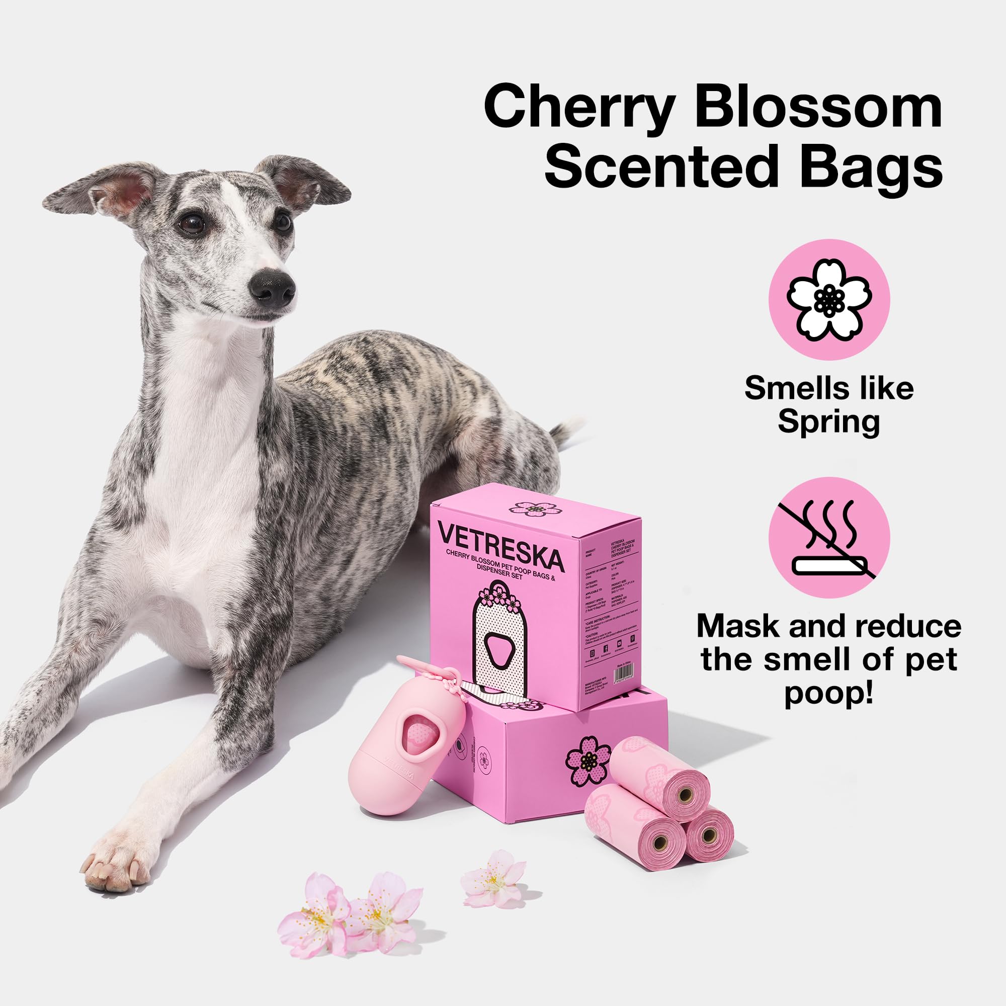 VETRESKA Dog Poop Bag Dispenser with Cherry Blossom Scented Bags, Leak Proof, Extra Thick Waste 1 Count Holder and 105 Bags for