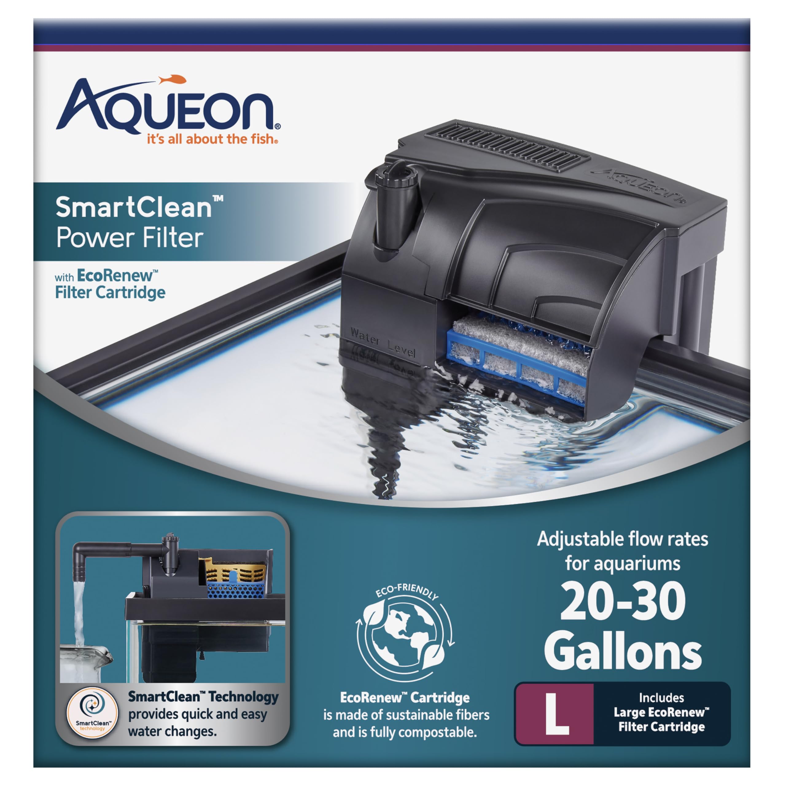 Aqueon Aquarium Fish Tank SmartClean Power Filter with EcoRenew Filter Cartridge, 20-30 Gallons