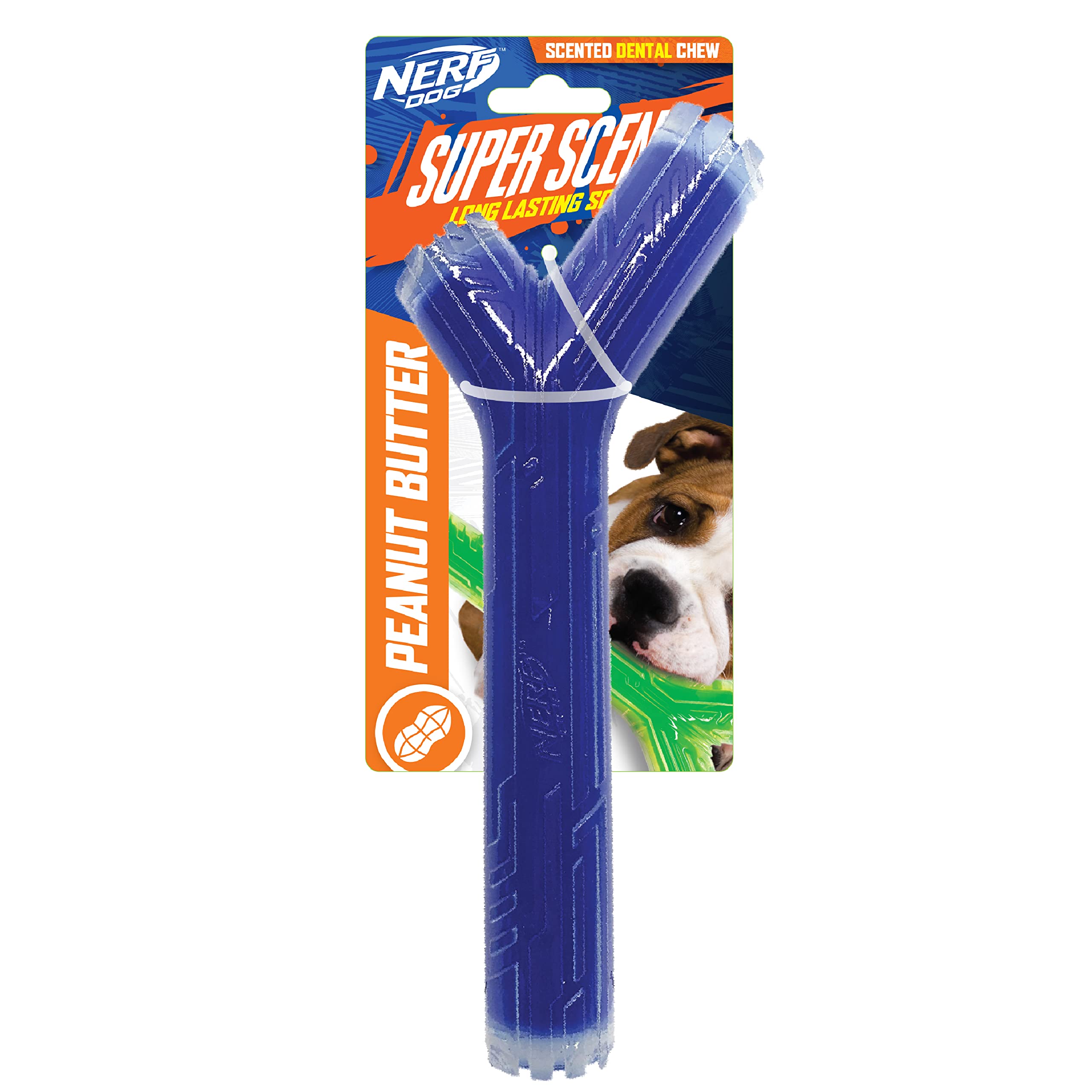 Nerf Dog 10In Tpr/Pp Scented Peanut Butter Superscent Stick Solid Core -Clear/Blue, (Nf-7133)
