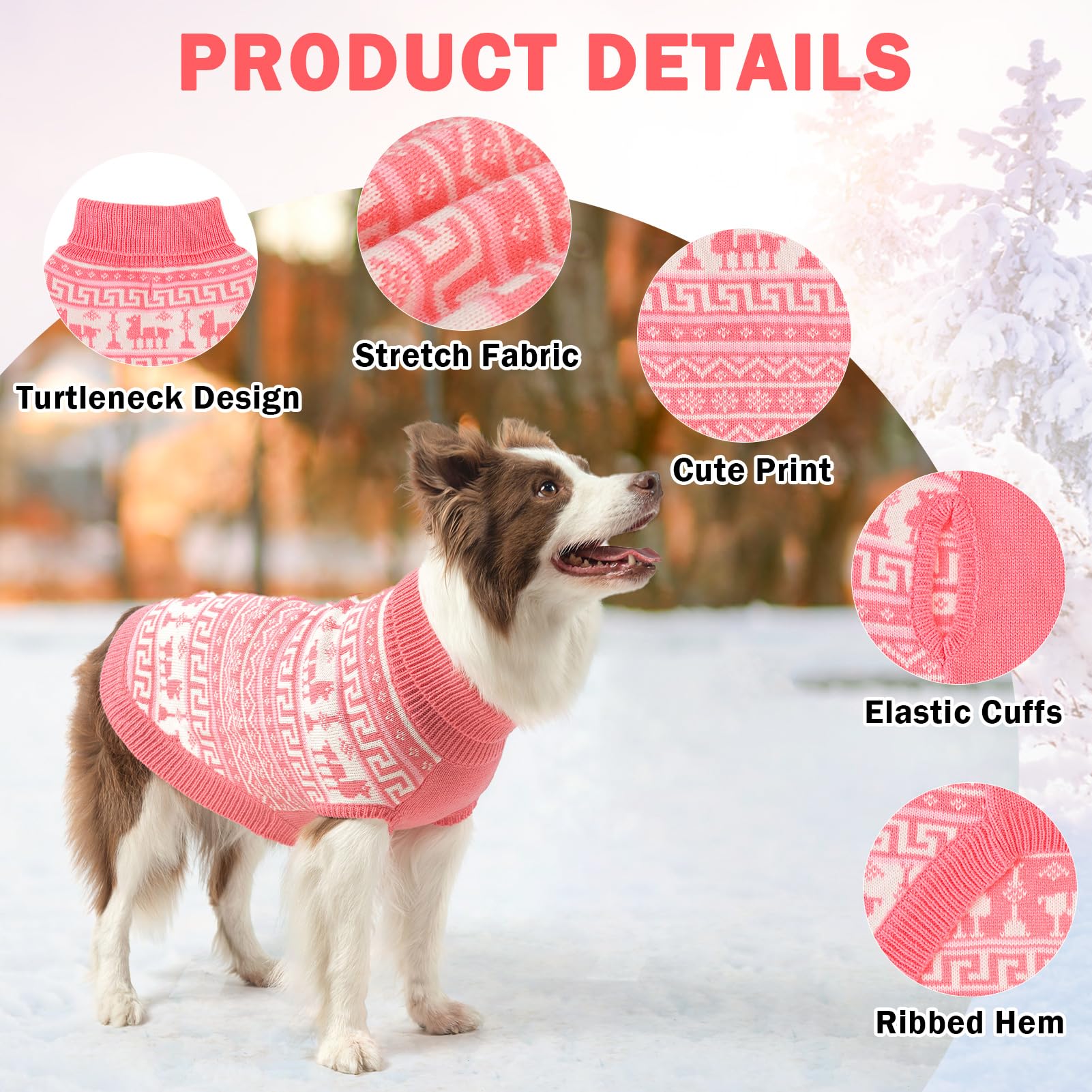 Scenereal Medium Dog Girls-Boys Turtleneck Pullover Winter Dog Clothes, Christmas Outfits, Sweatshirt Knitwear, Pink-Reindeer