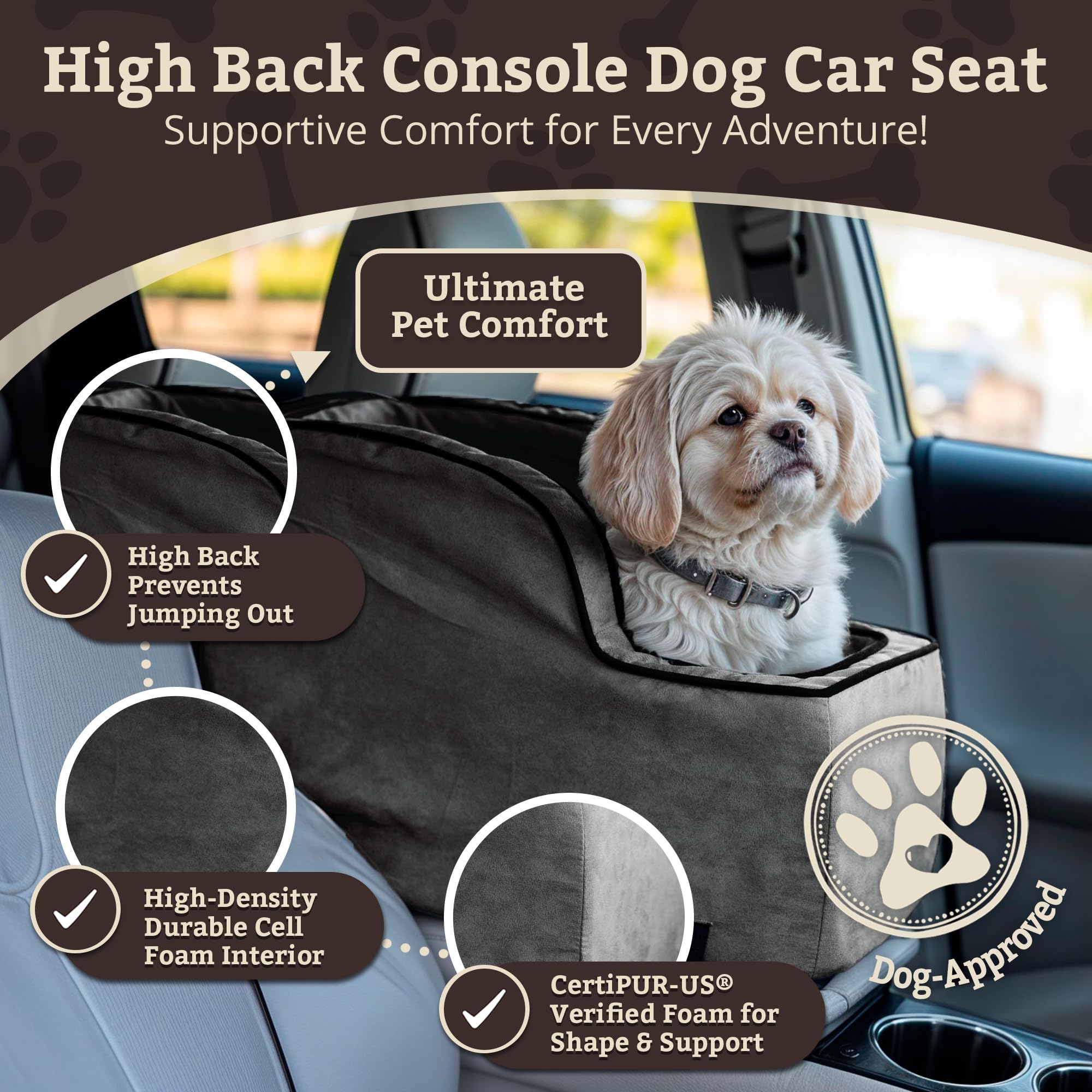 Snoozer High-Back Center Console Dog Car Seat - Middle Console Dog Bed for Small to Medium Sized Pets, Booster Seat for Dogs up